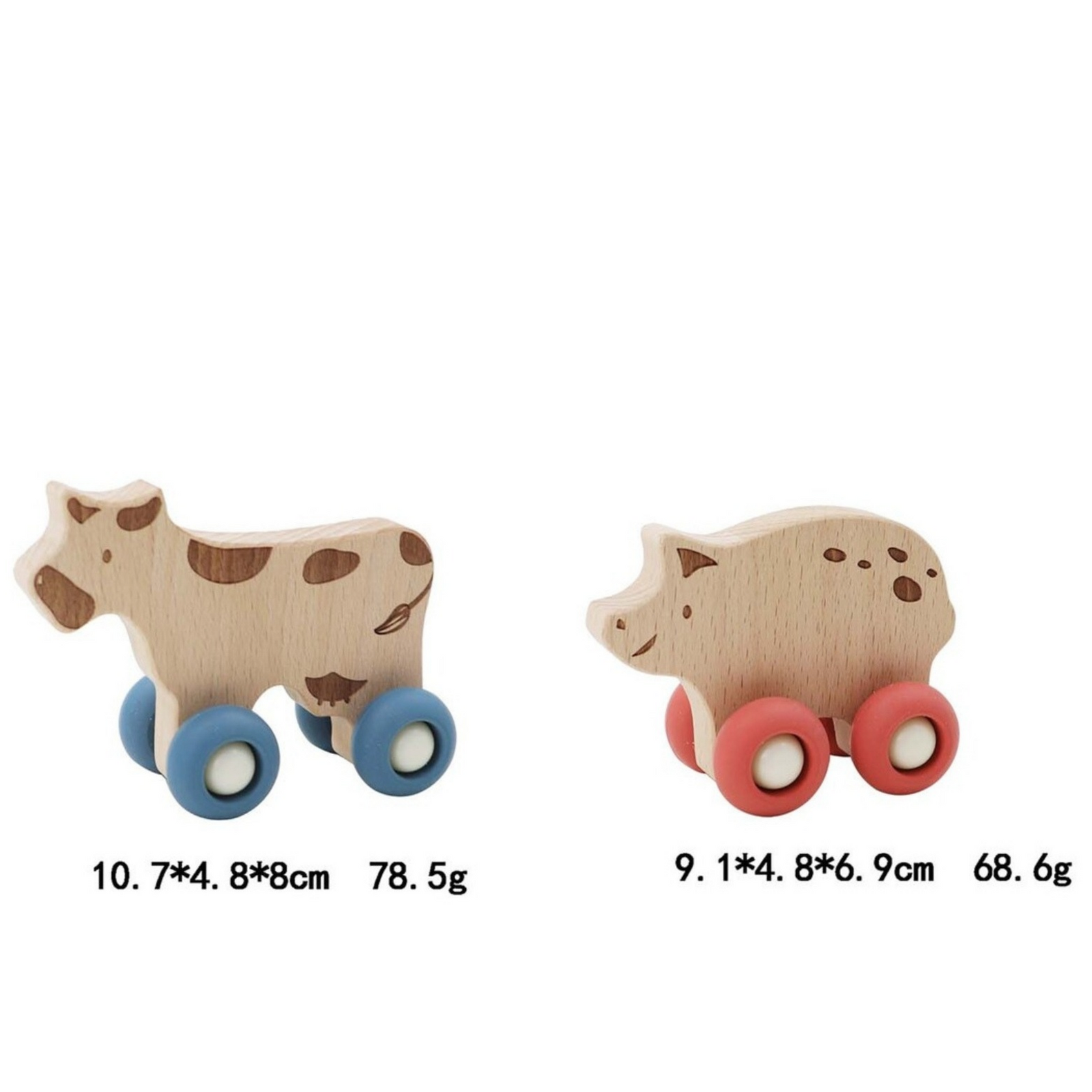 Two wooden toy animals on a white background: a cow with blue wheels and a pig with red wheels, each shown with printed dimensions and weight.