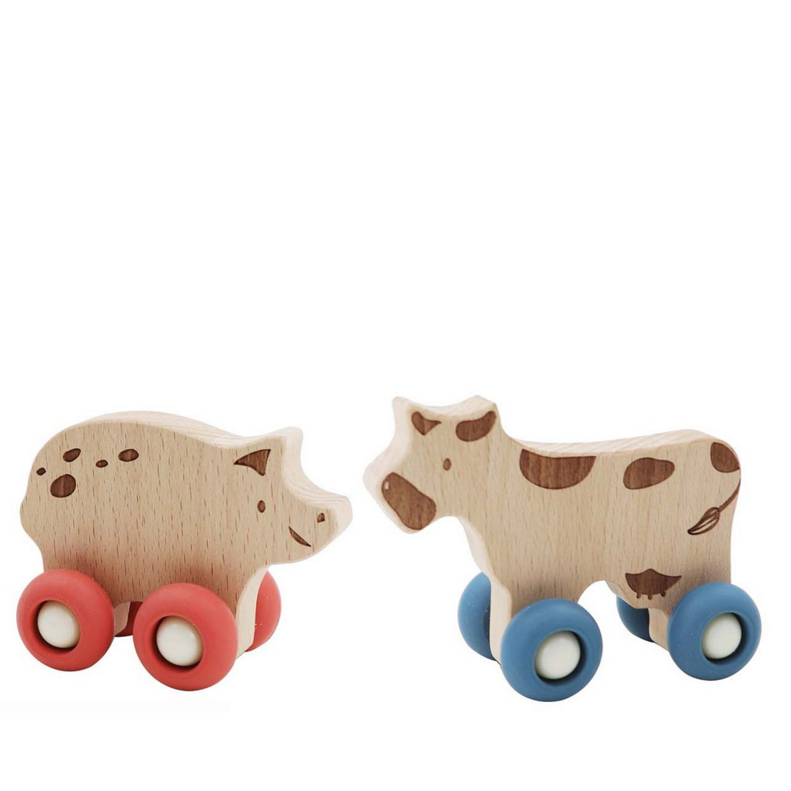 Two wooden animal toy cars on a white background: a rhinoceros with red wheels and a cow with blue wheels, both made of natural wood with engraved details.
