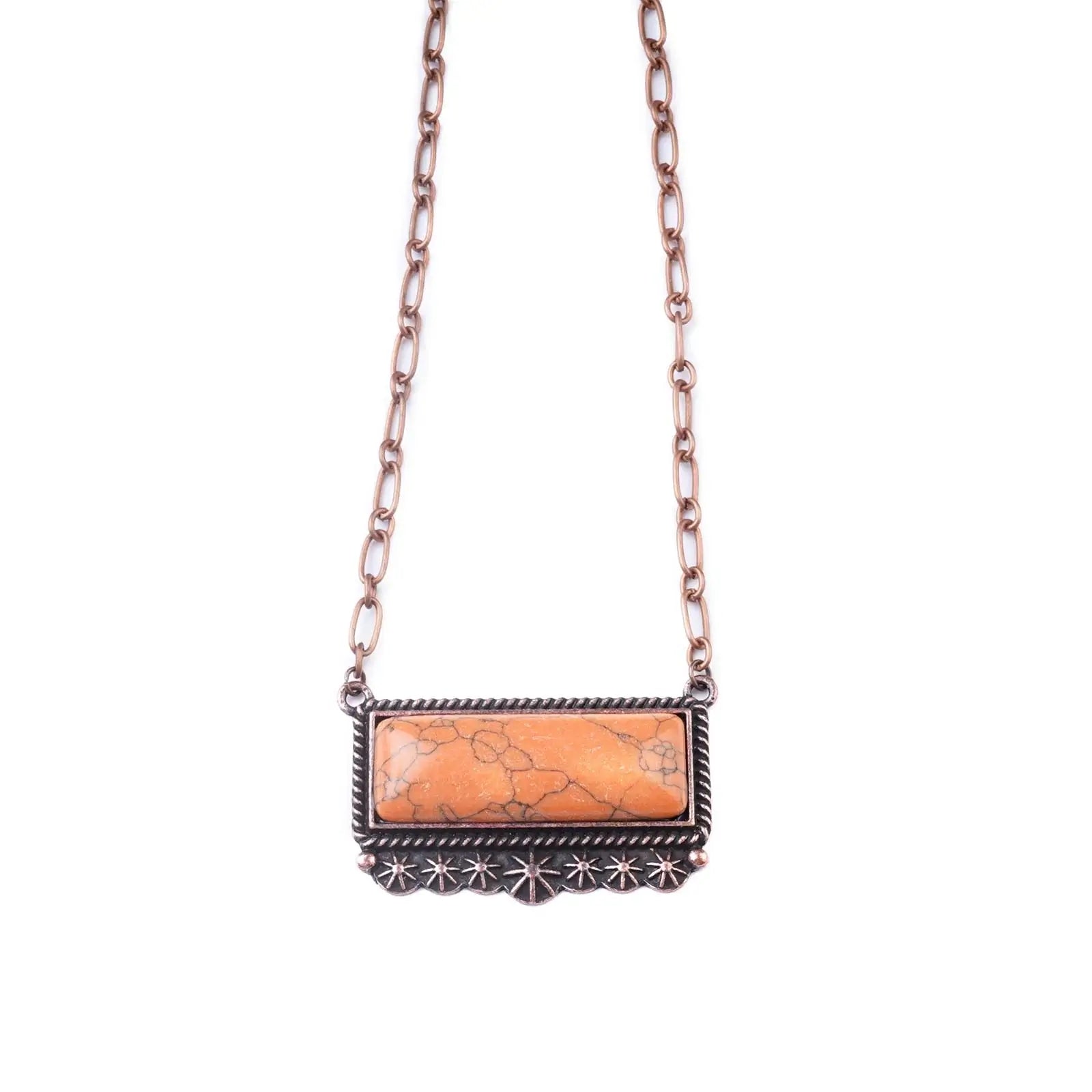 Montana West Western Rectangle Stone Pendant. A rectangular orange semi-precious stone pendant necklace with metal chain and clasp.