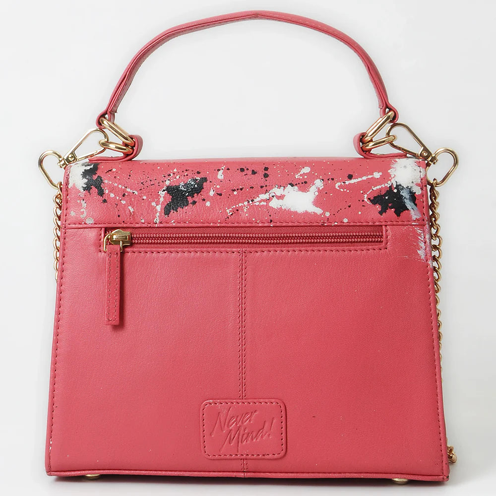 American Darling Rodeo Queen Statement Western Bag. Pink handbag with gold chain and splatter design on a white background