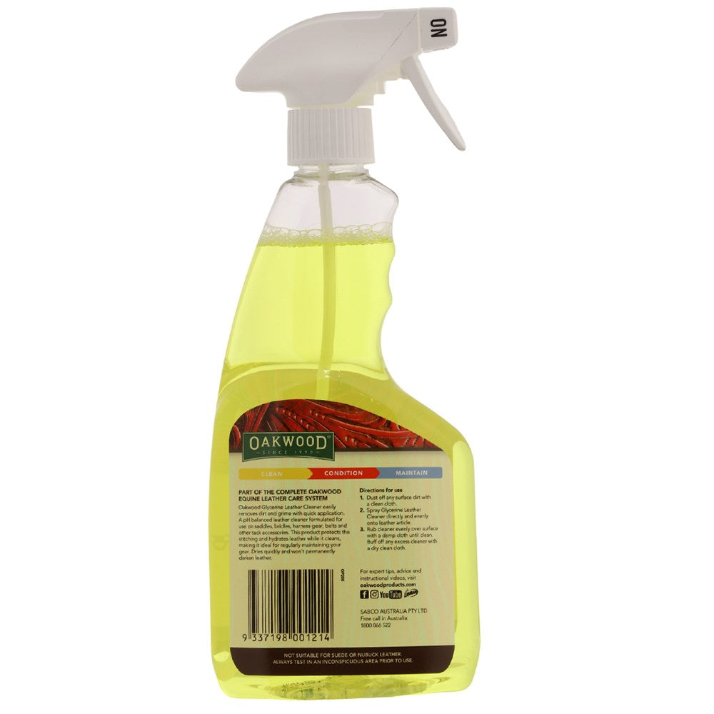 A bottle of Oakwood Car Wax on a plain white background, showing the back of the spray bottle with a yellow liquid inside and a white trigger sprayer.