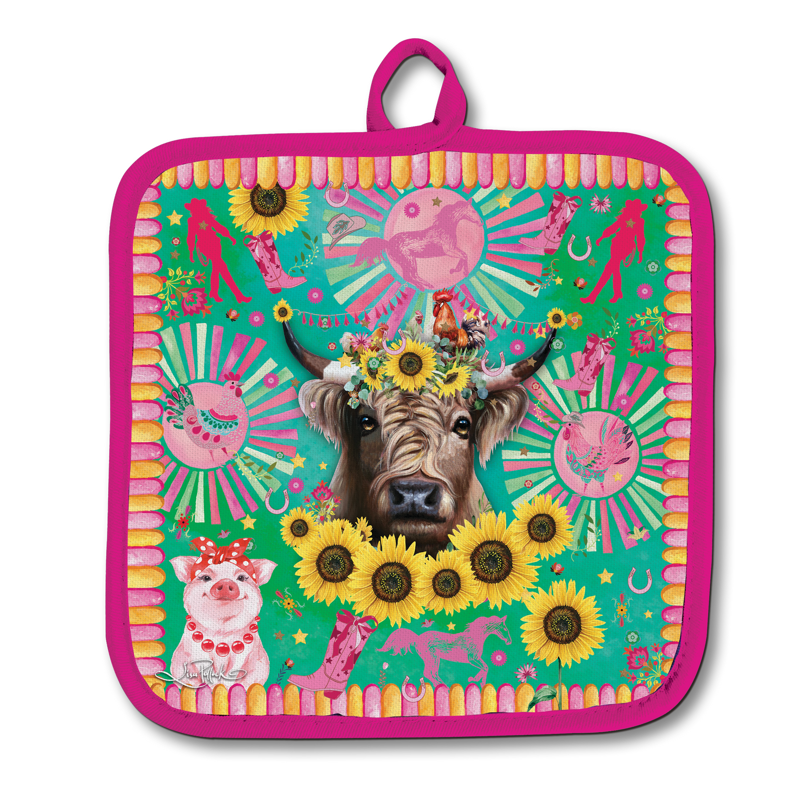 Lisa Pollock Carnival Cow Mitt Holder. Colorful pot holder with a cow, sunflowers, and pink border on a white background