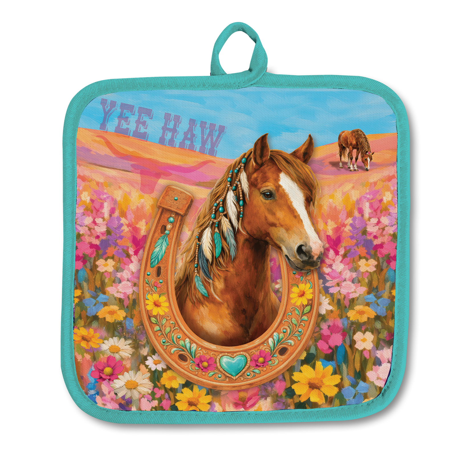 A square turquoise pot holder with a colorful western-themed print featuring a brown horse head inside a horseshoe, surrounded by wildflowers and the text 'YEE HAW'.