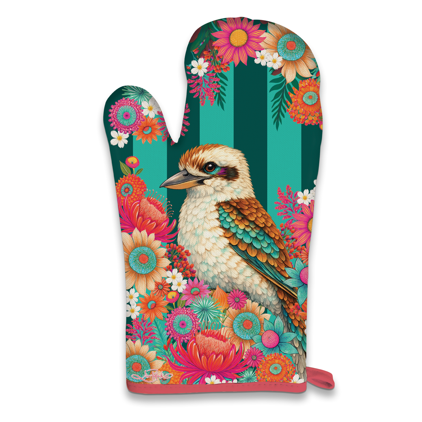 A single oven mitt with a colorful floral and kookaburra bird print, shown on a plain white background.