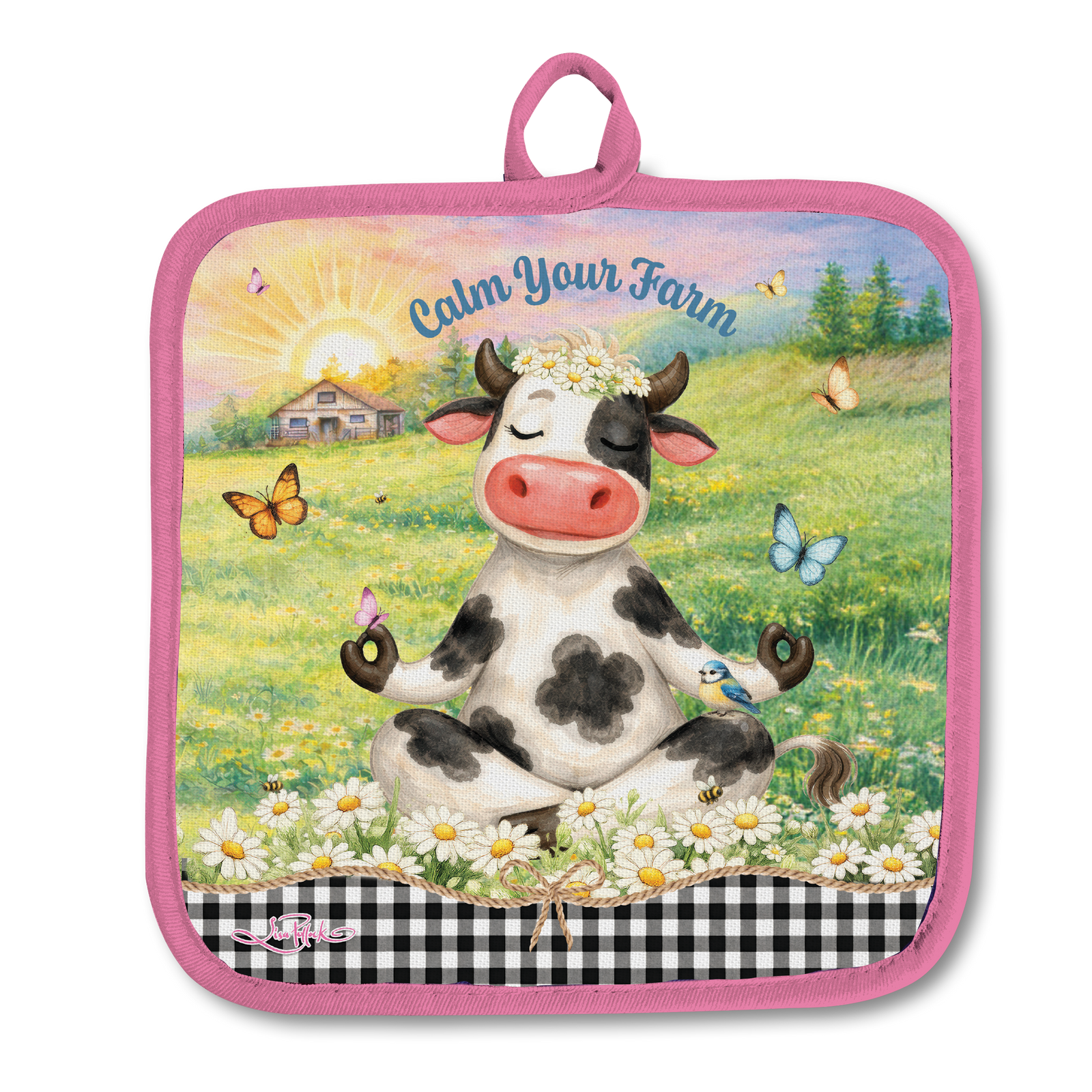 A square potholder with a pink border and top loop, featuring a colorful cartoon illustration of a cow meditating in a field with the text 'Calm Your Farm' and a gingham band at the bottom.