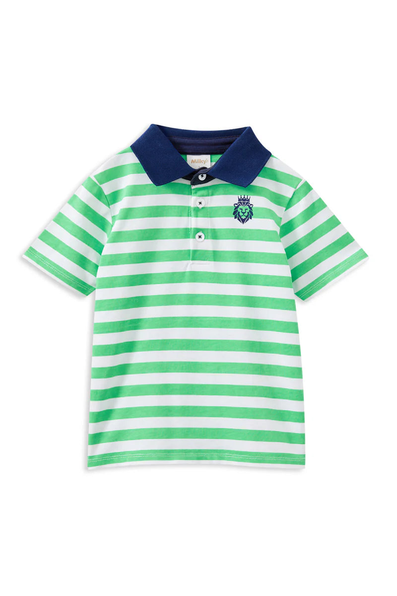 Milky Green Stripe Rugby. Green and white striped polo shirt with a blue collar on a white background