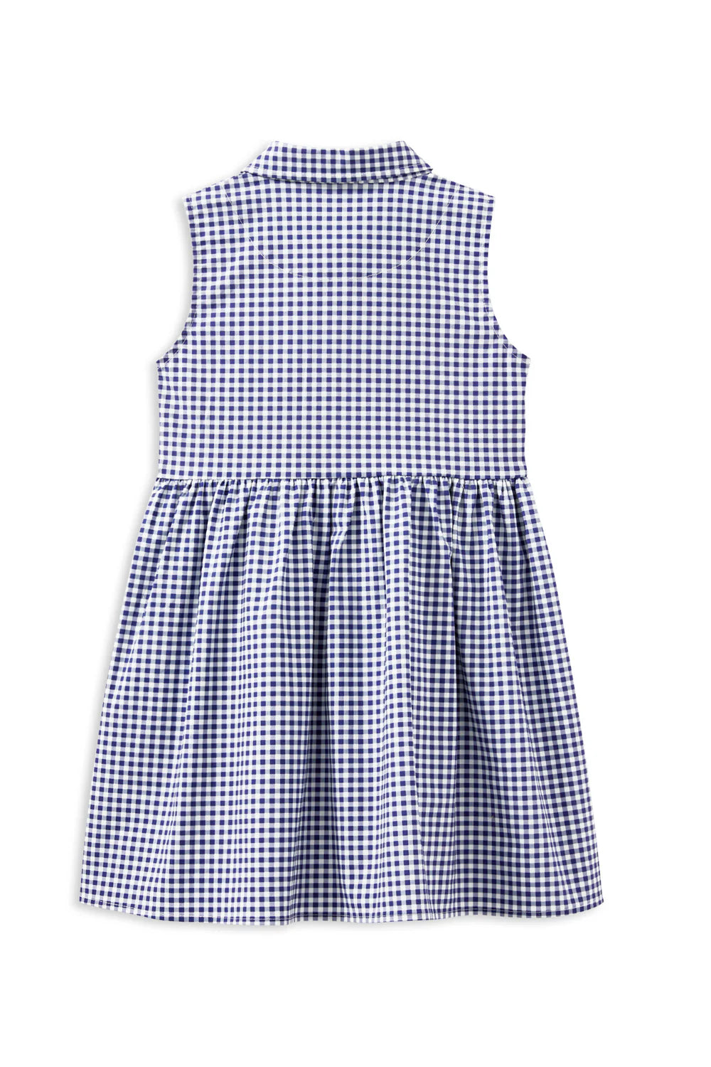 Milky Gingham Dress. Blue and white checkered dress on a white background