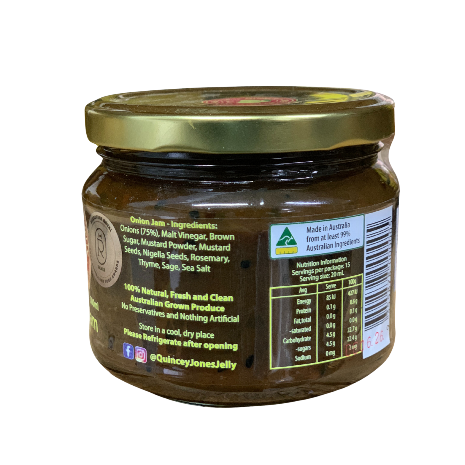 Quincey Jones 300ml Onion Jam. Jar of jelly with a gold lid on a white background