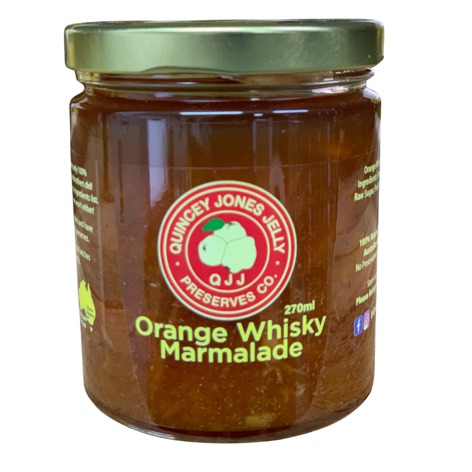 Quincey Jones 190ml Orange Whiskey Marmalade. Jar of Orange Whisky Marmalade with Quincy Jones Jelly Preserves Co. label on a white background