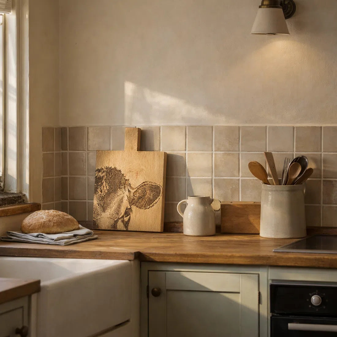 A rustic kitchen scene with a wooden countertop, beige tiled backsplash, cream ceramic pitcher and utensil holder, and a decorative cutting board leaning against the wall. Natural light from a window casts shadows across the wall and counter.