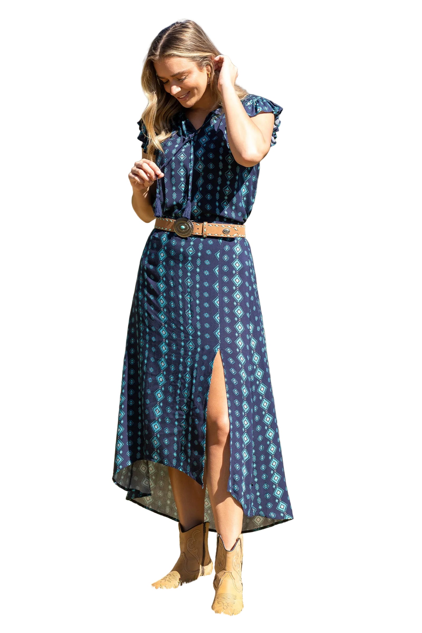 Pure Western Women's Agatha SkirtWoman in a blue patterned dress.