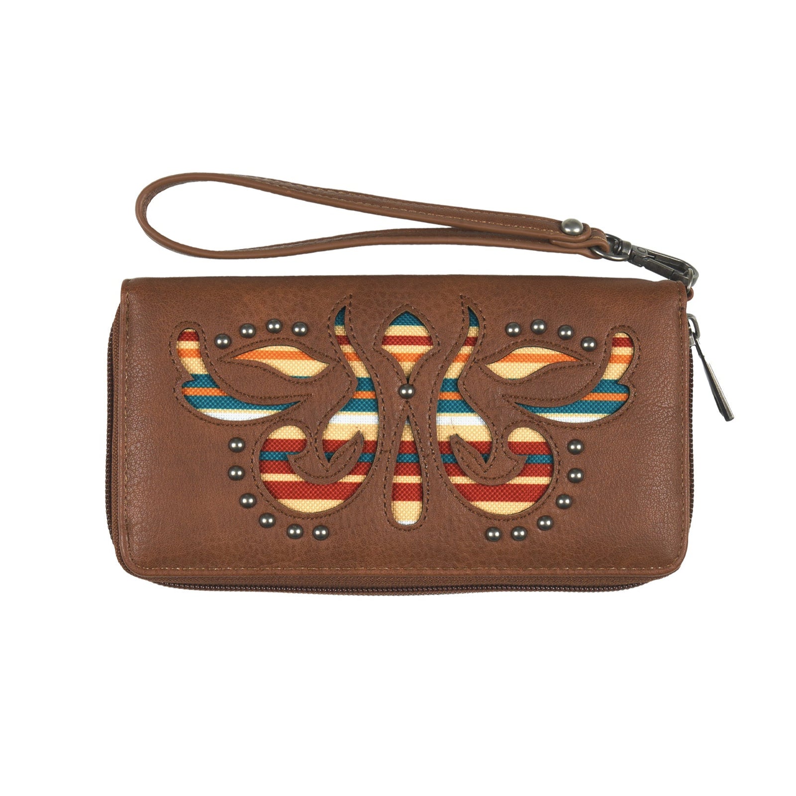 Pure Western Halley Western Wallet. Brown leather clutch with butterfly design on a white background