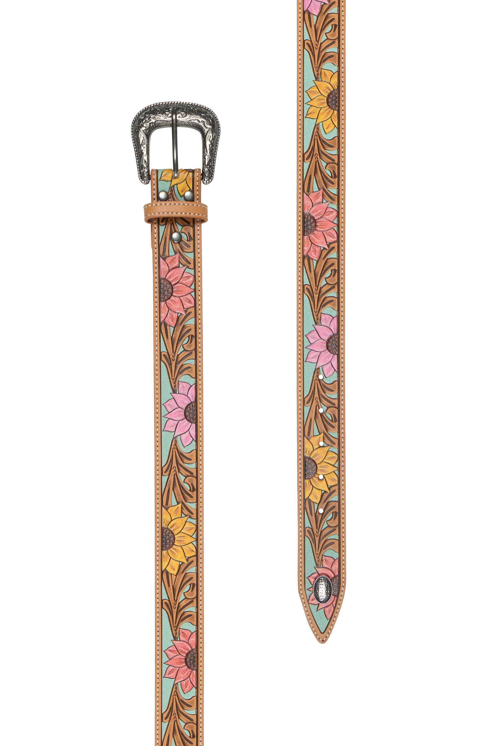 Pure Western Women's Carleen Western Belt. Floral patterned belt with a silver buckle on a white background