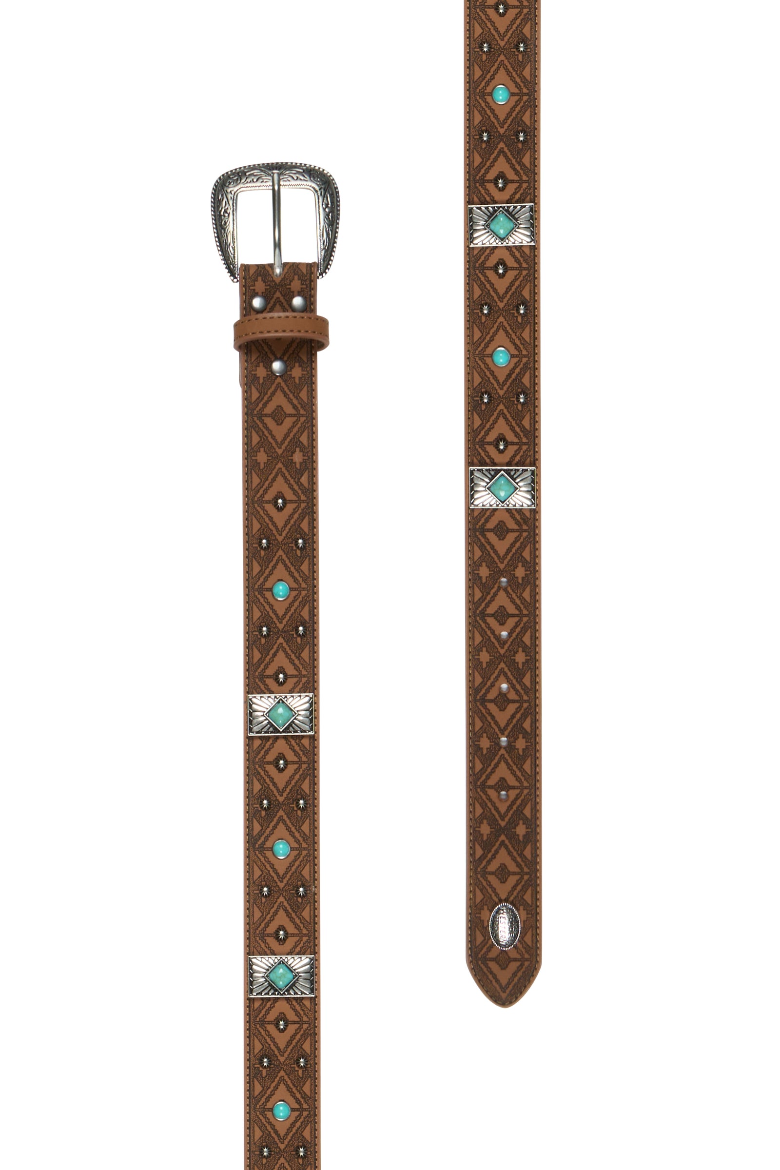 Pure Western Women's Kristen Western Belt. Brown leather belt with intricate patterns and turquoise stones on a white background