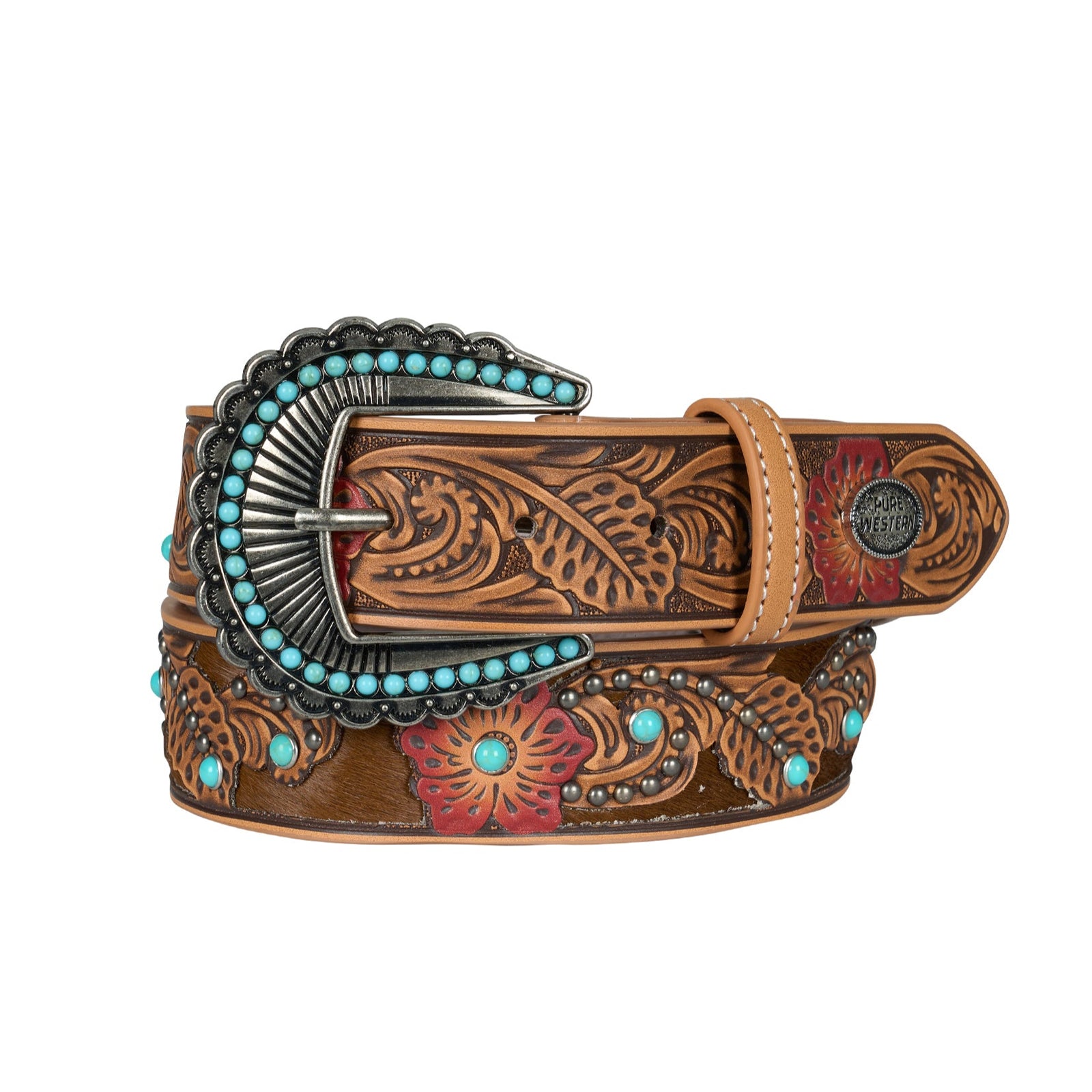 Pure Western Women's Charlene Western Belt. Decorative belt with intricate designs and turquoise stones on a white background