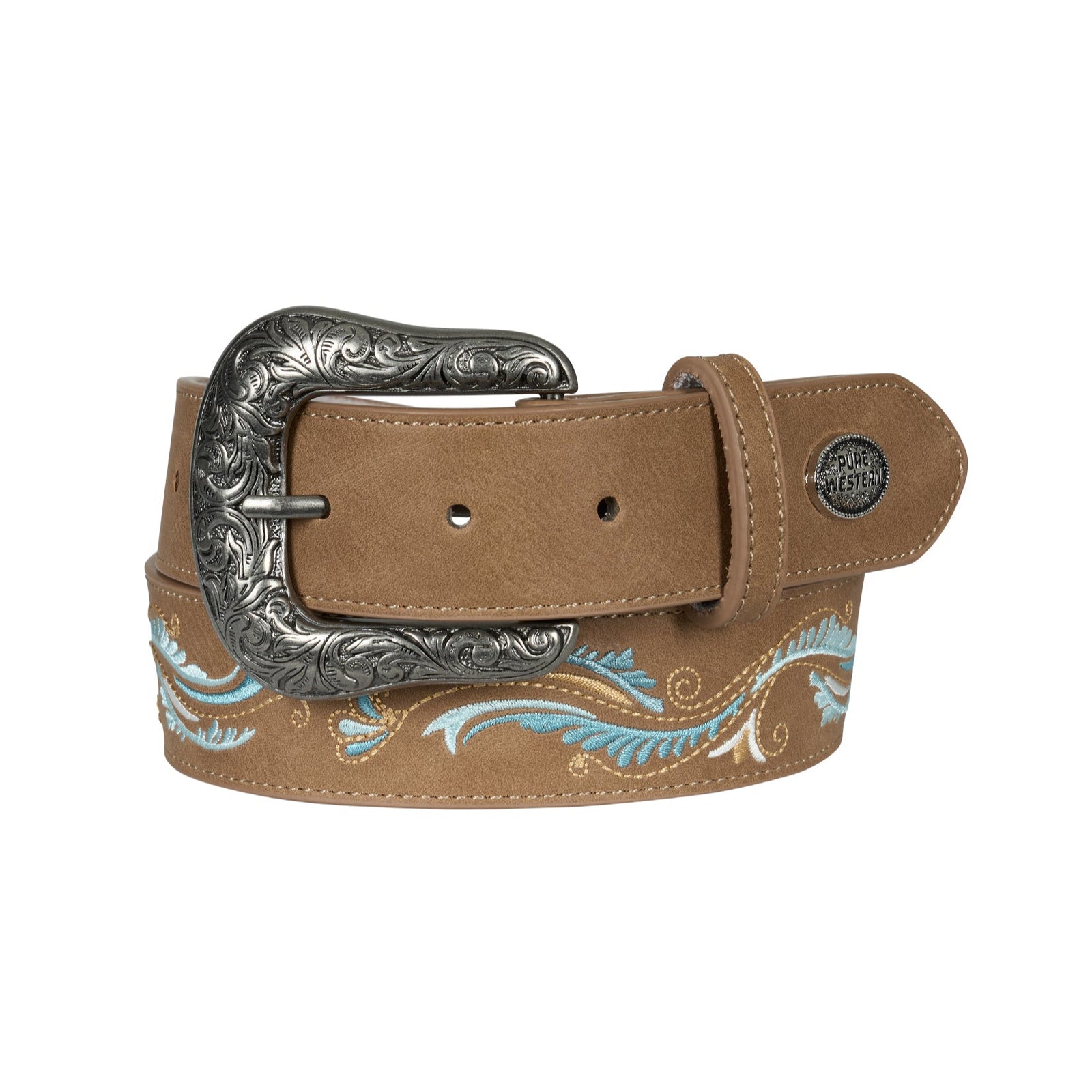 Pure Western Women's Polly Western Belt. Brown leather belt with decorative buckle and embroidery on a white background