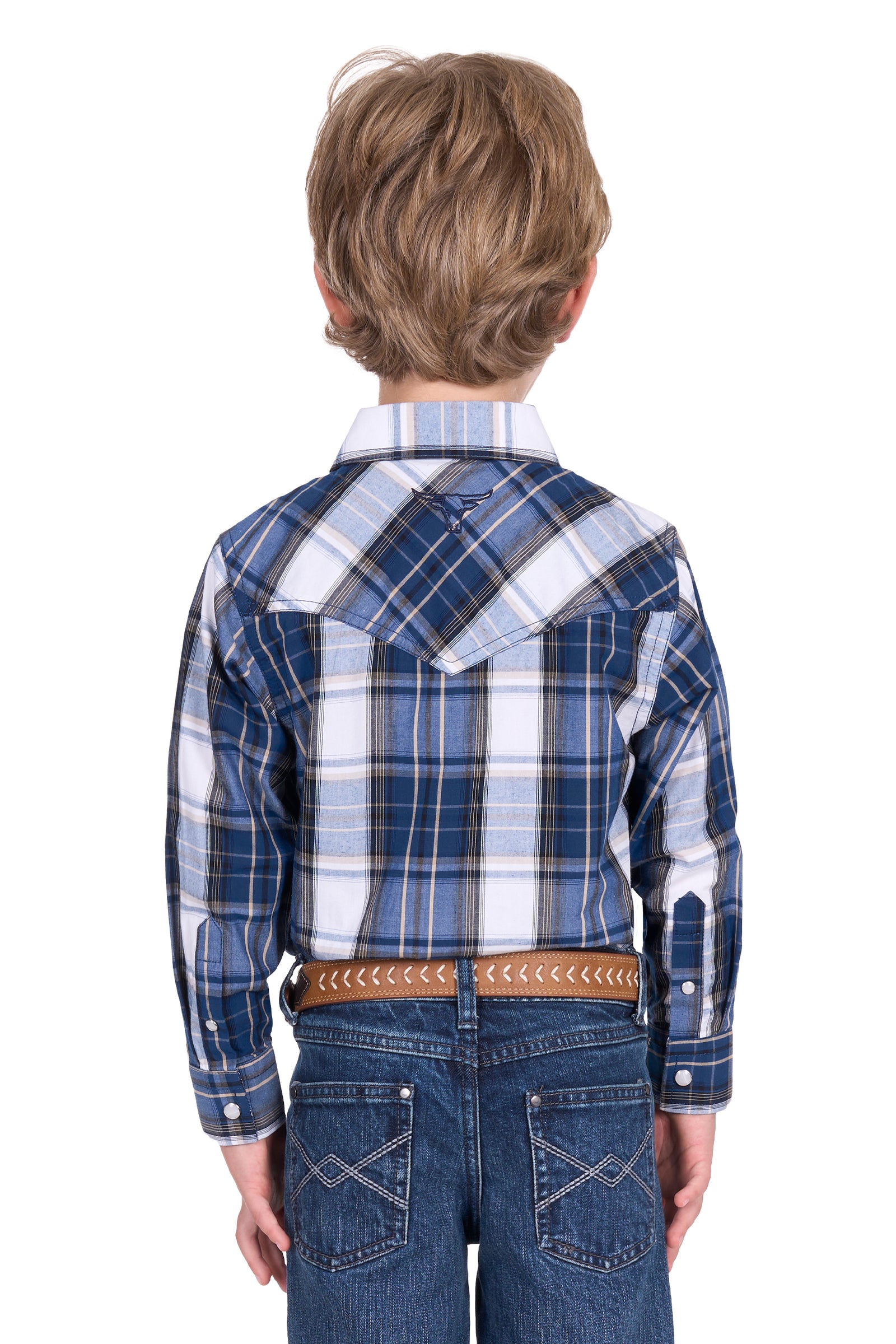Pure Western Boy's Nicholas L/S Western Shirt. Child wearing a blue plaid shirt and jeans on a white background