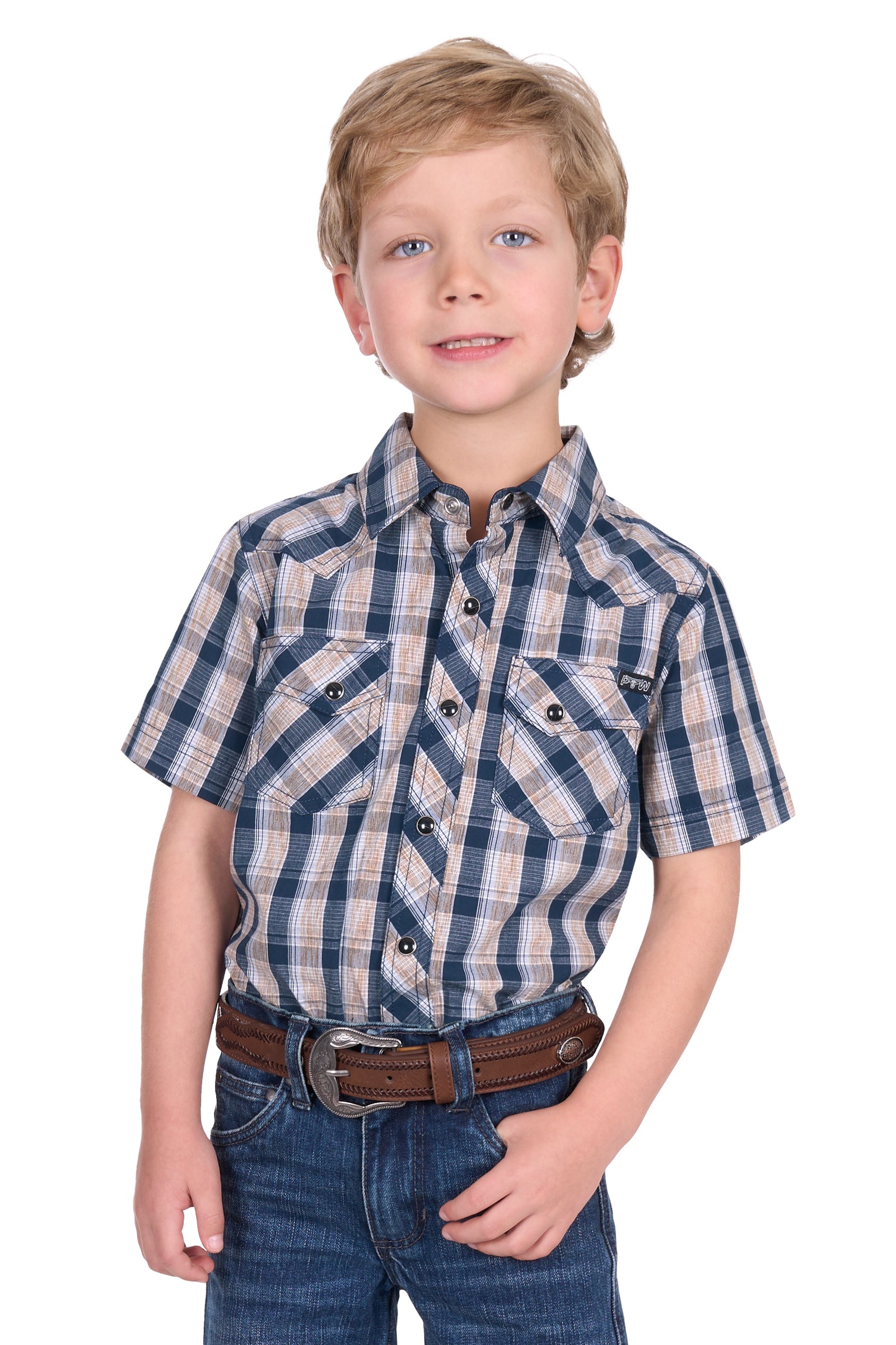 Pure Western Boy's Peter S/S Western Shirt. Young boy wearing a blue plaid shirt and jeans on a white background