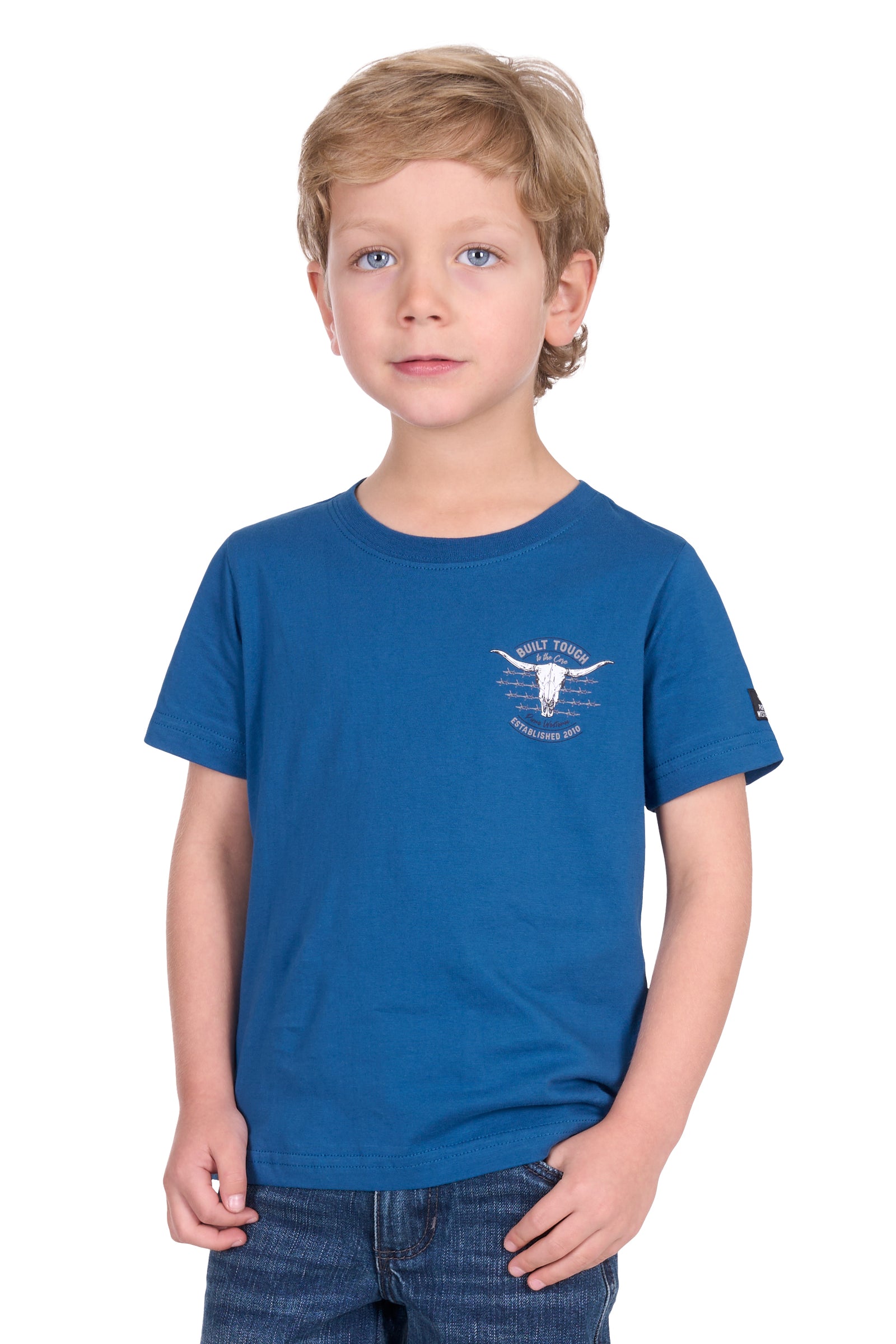 Pure Western Boy's Frank S/S T-Shirt. Young boy wearing a blue t-shirt with a logo on a white background