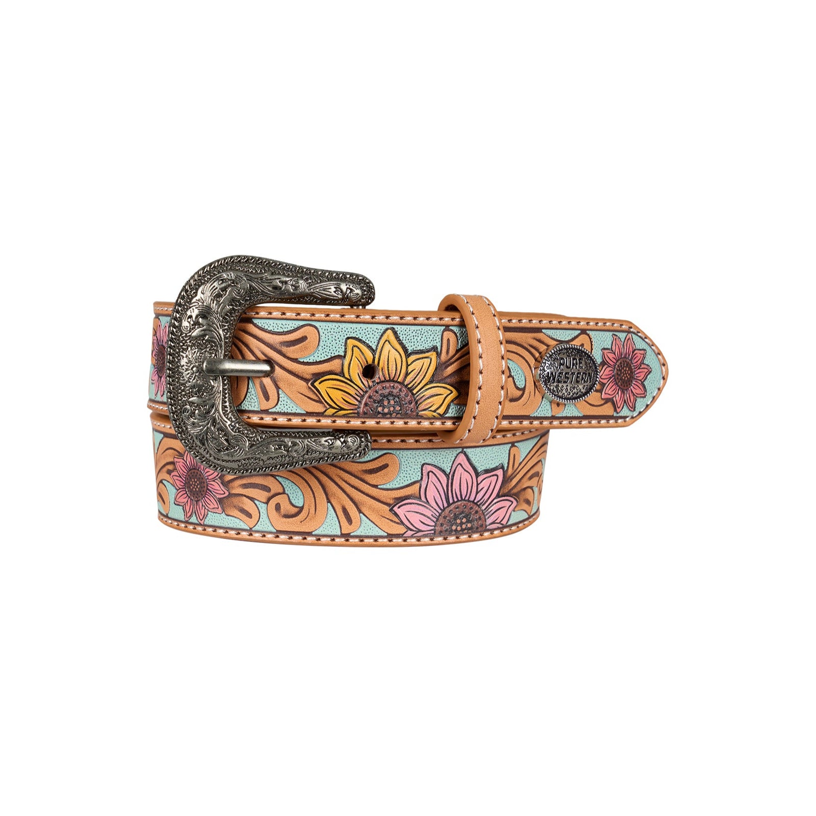 Pure Western Girl's Carleen Western Belt. Floral patterned belt with decorative buckle on a white background