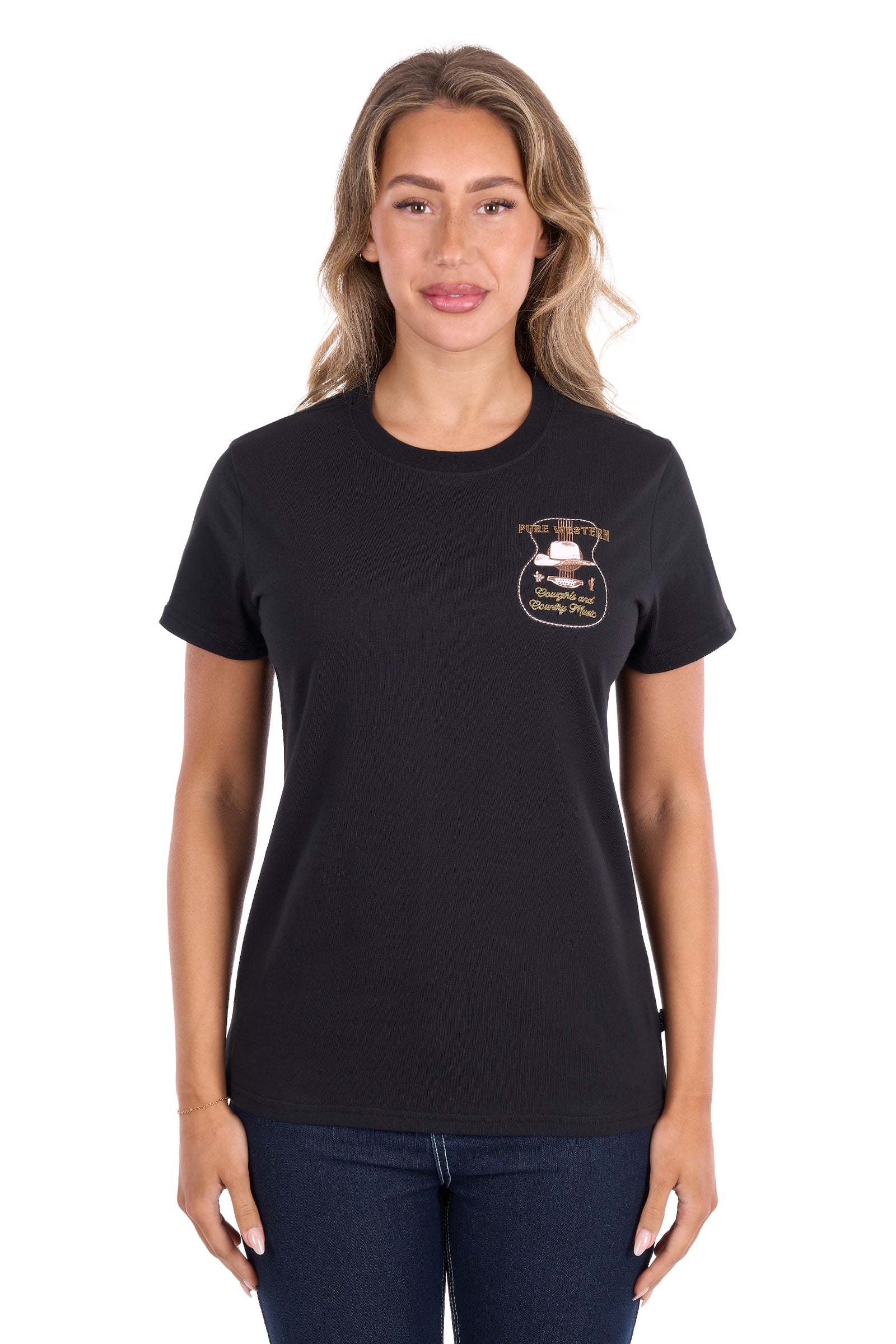 A woman modeling a black short-sleeve t-shirt with a small embroidered logo on the left chest, paired with dark blue jeans, against a plain white background.