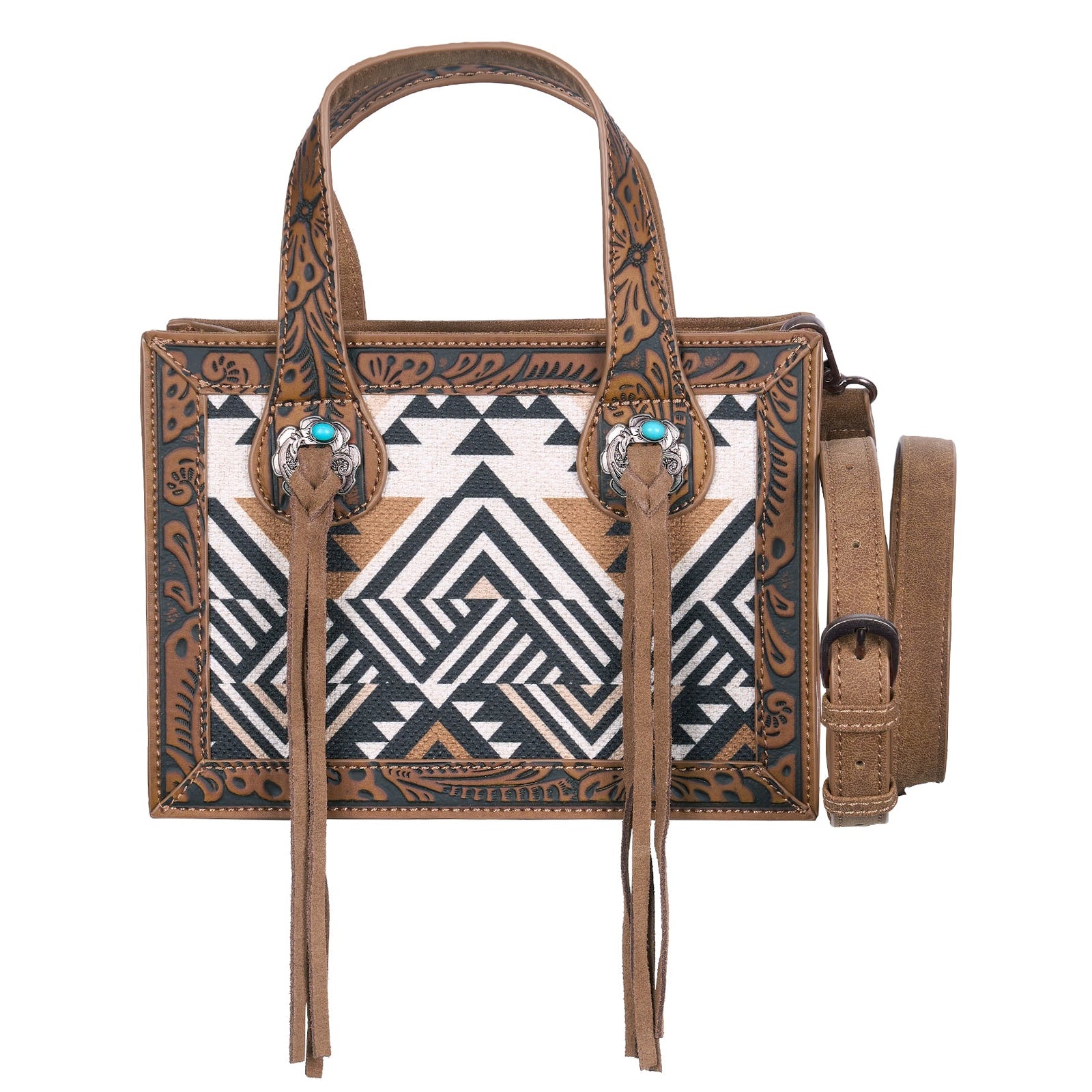A western-style handbag with tooled brown leather, a black and white geometric patterned front panel, and long brown leather tassels hanging from the front, shown on a plain white background.