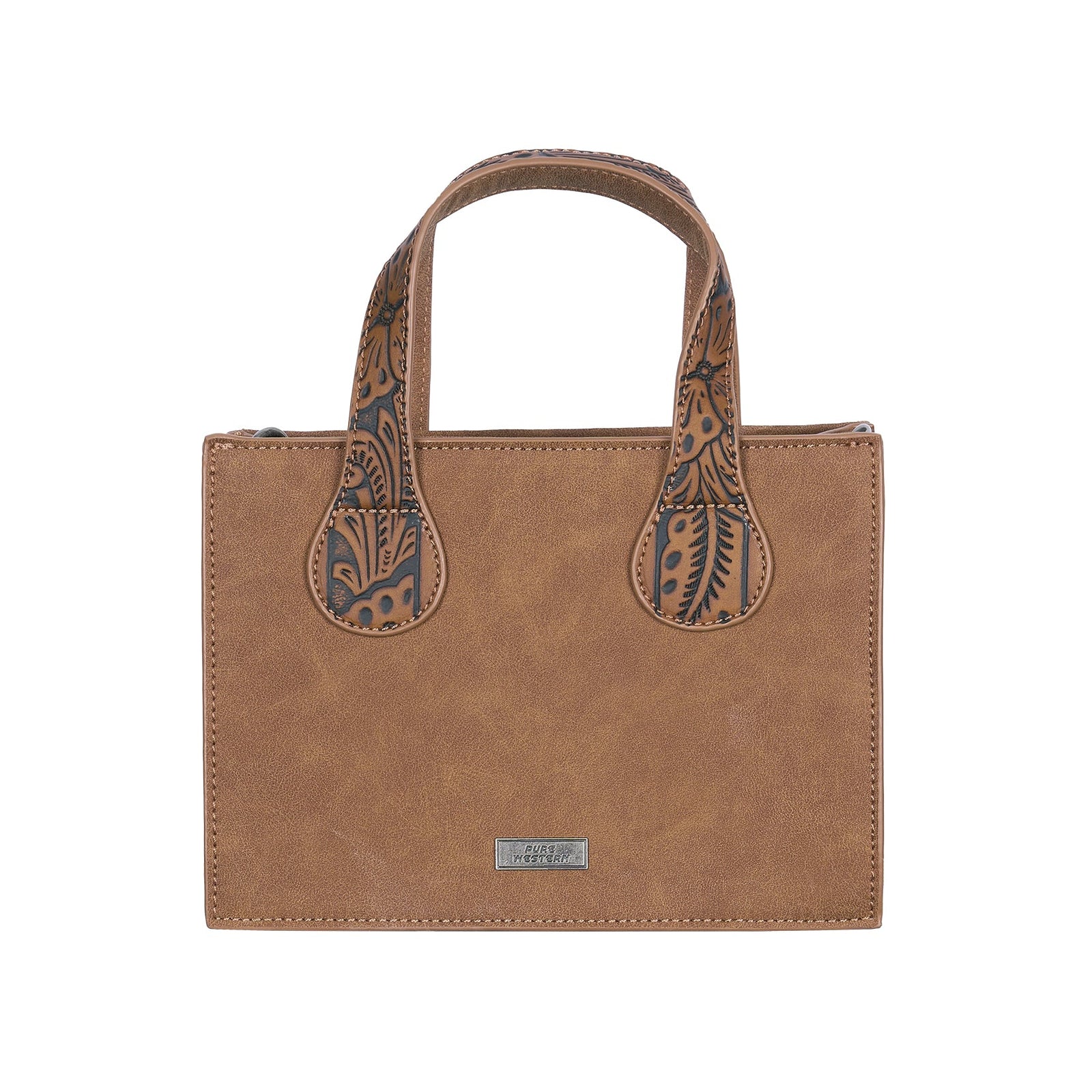 A tan leather tote bag with dark brown tooled floral details on the handles and a small silver-tone brand plaque at the bottom center, shown against a plain white background.