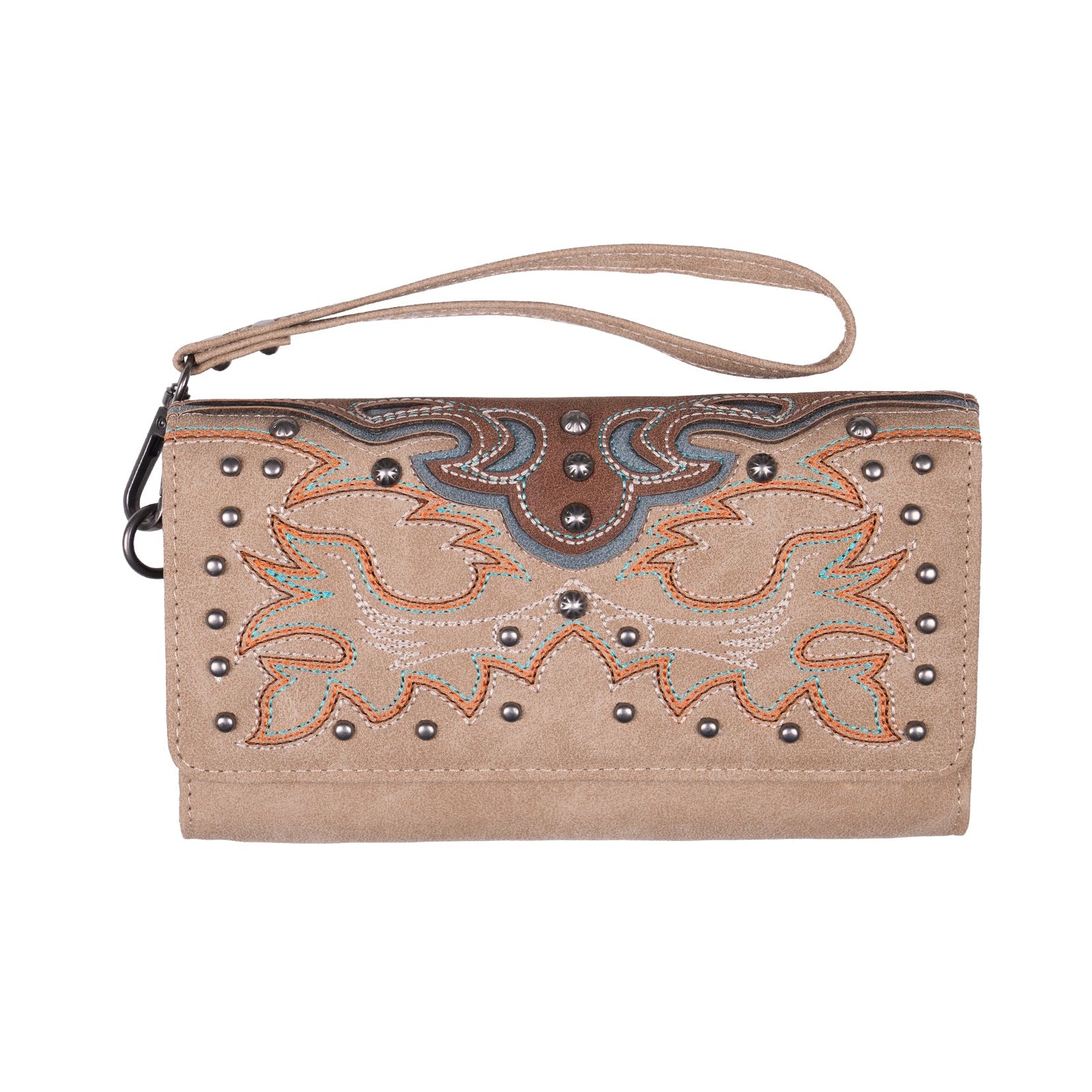 A beige faux-leather wristlet clutch with a matching wrist strap, featuring western-style embroidery, studded details, and a decorative patterned flap on a white background.