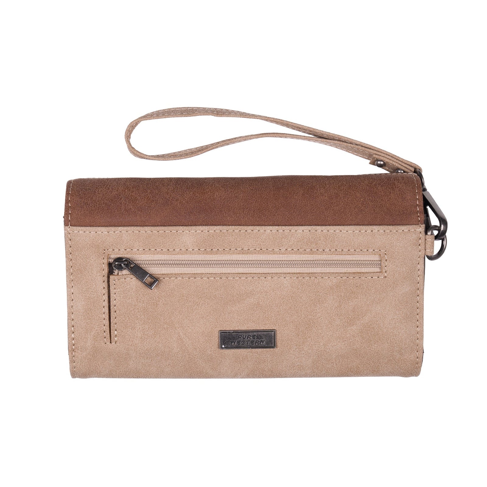 A beige and brown faux-suede wristlet clutch with a zippered front pocket and a matching wrist strap, shown against a plain white background.
