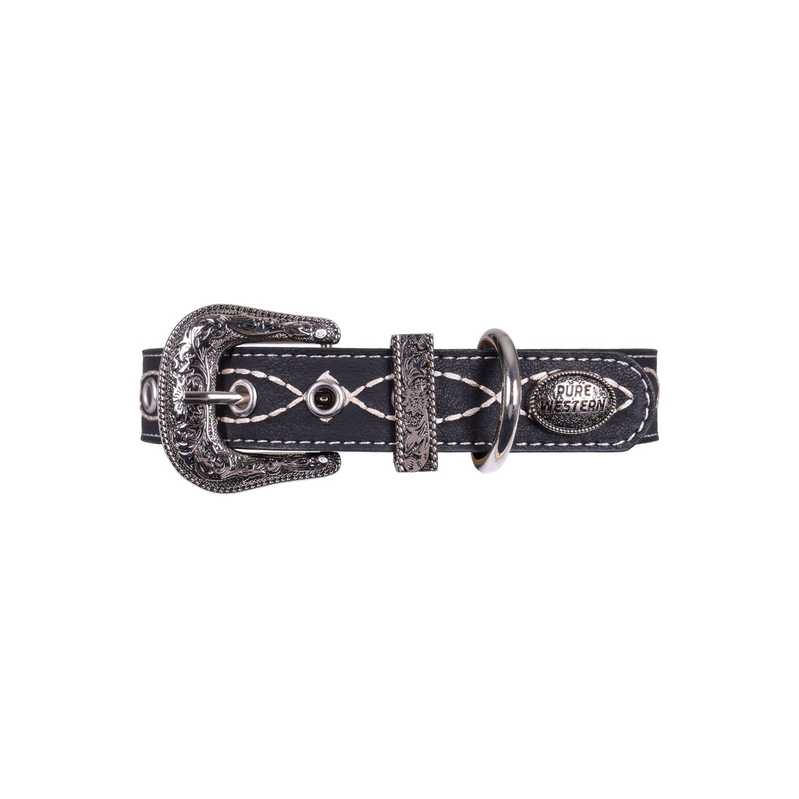 A western-style black leather belt with silver-toned metal hardware, featuring a decorative engraved buckle, a diamond-stitched pattern, and a concho emblem on the keeper loop, shown against a plain white background.