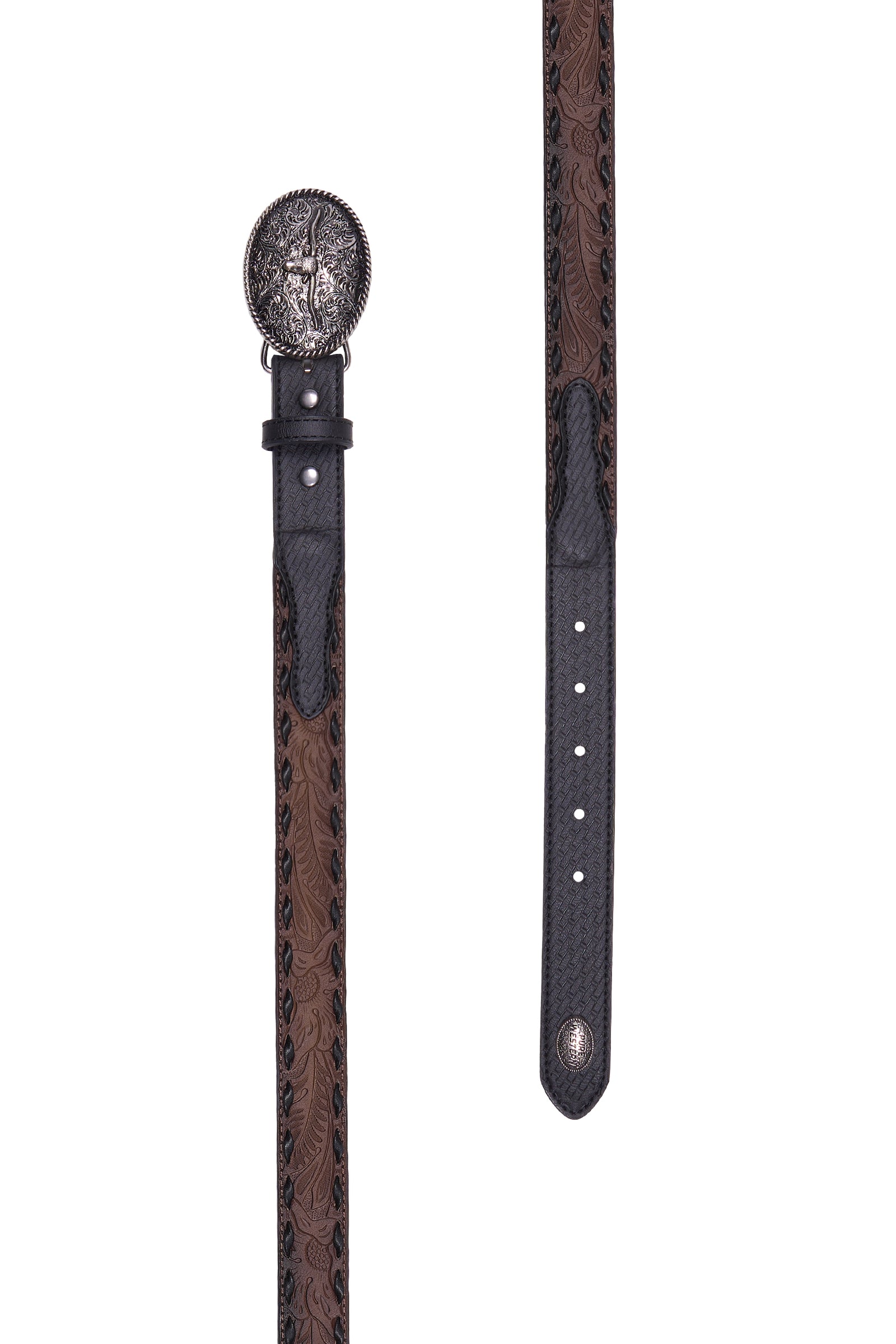 A brown embossed leather belt with a silver-toned oval buckle featuring a western-style design, shown from two angles on a white background.