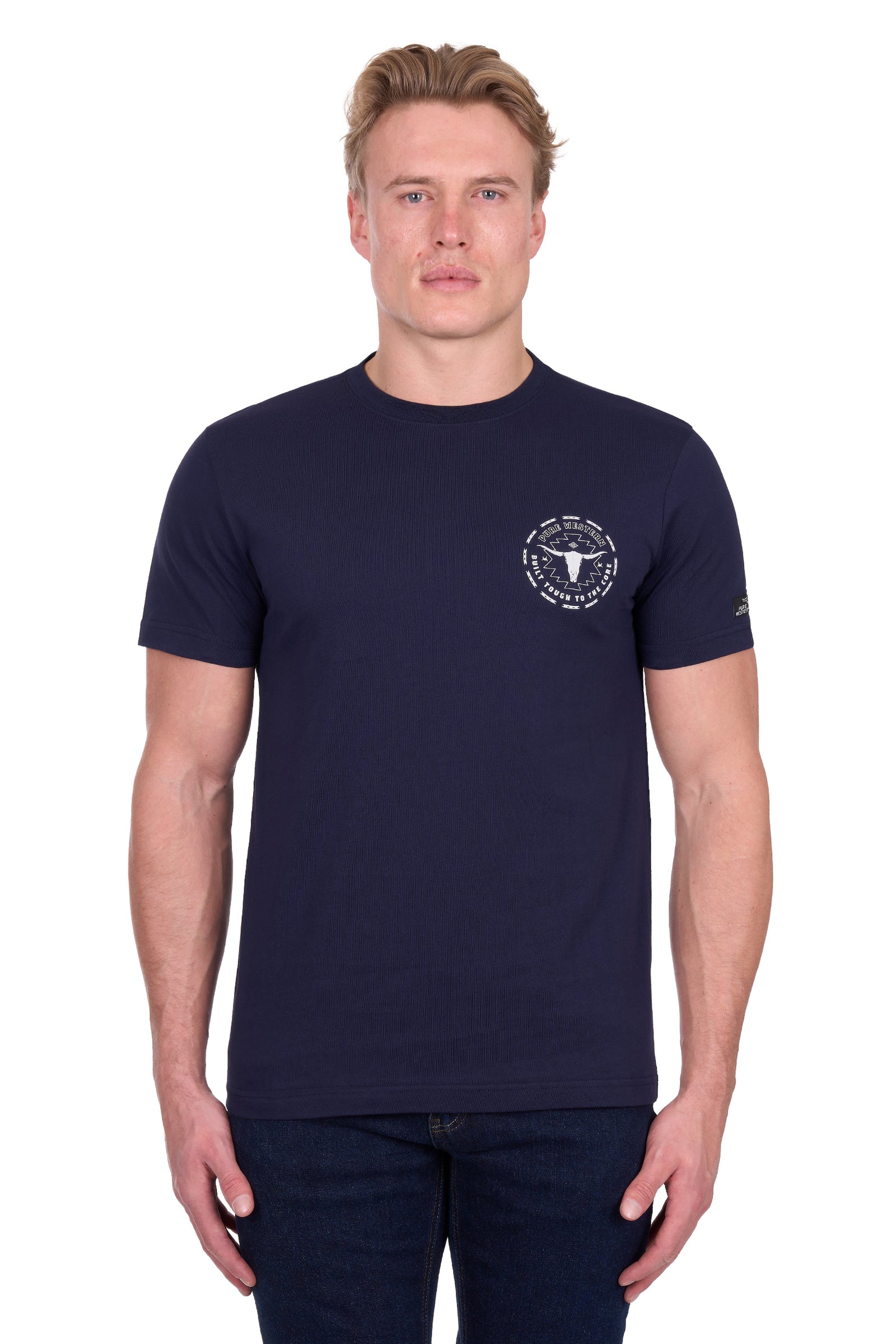 Man wearing a navy blue t-shirt with a logo on a white background