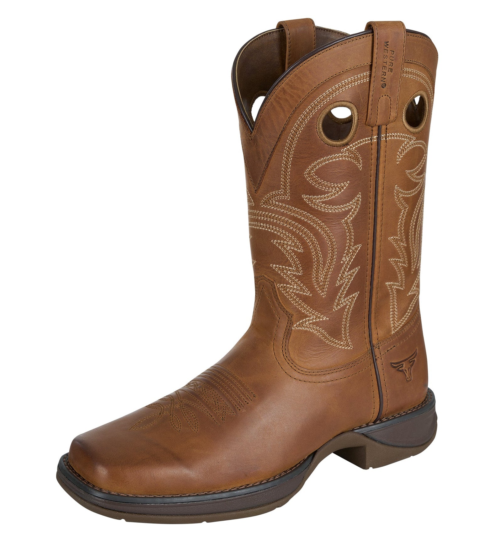 Brown cowboy boot with intricate stitching on a white background
