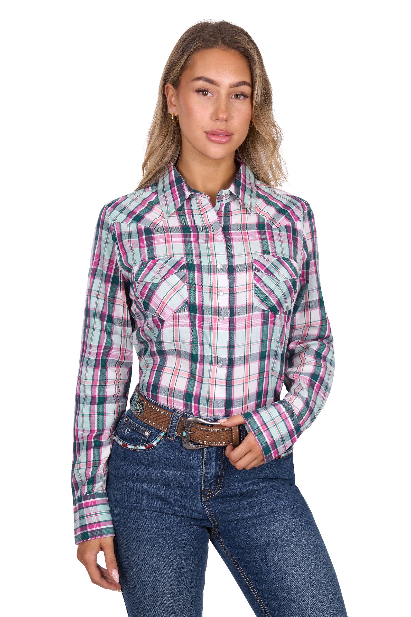 Woman wearing a plaid shirt and jeans on a white background