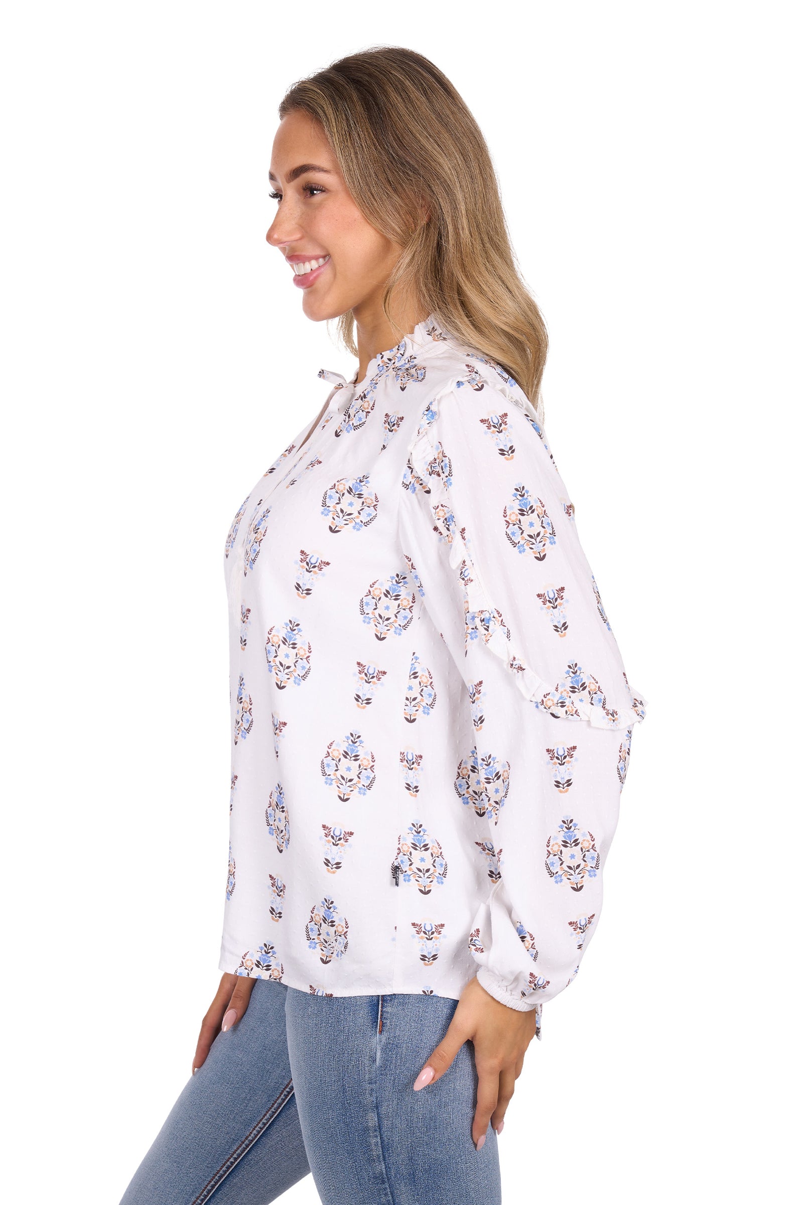 Woman wearing a white floral blouse on a white background