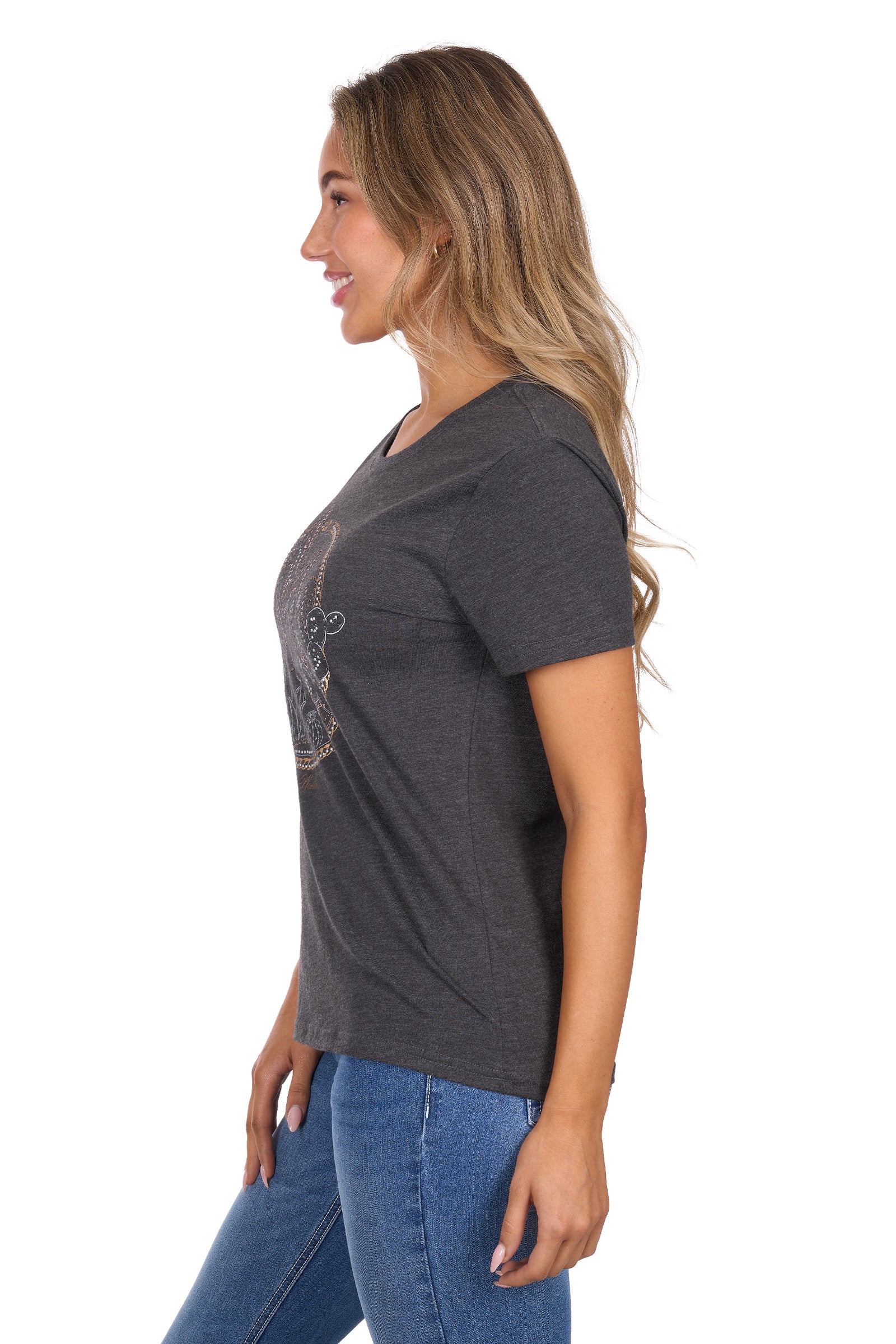 Woman wearing a dark gray t-shirt with a graphic design on a white background