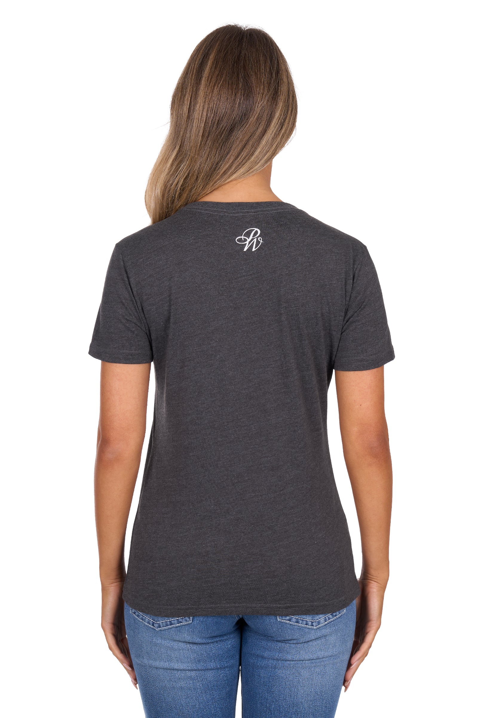 Person wearing a dark gray t-shirt with a logo on the back, standing against a white background
