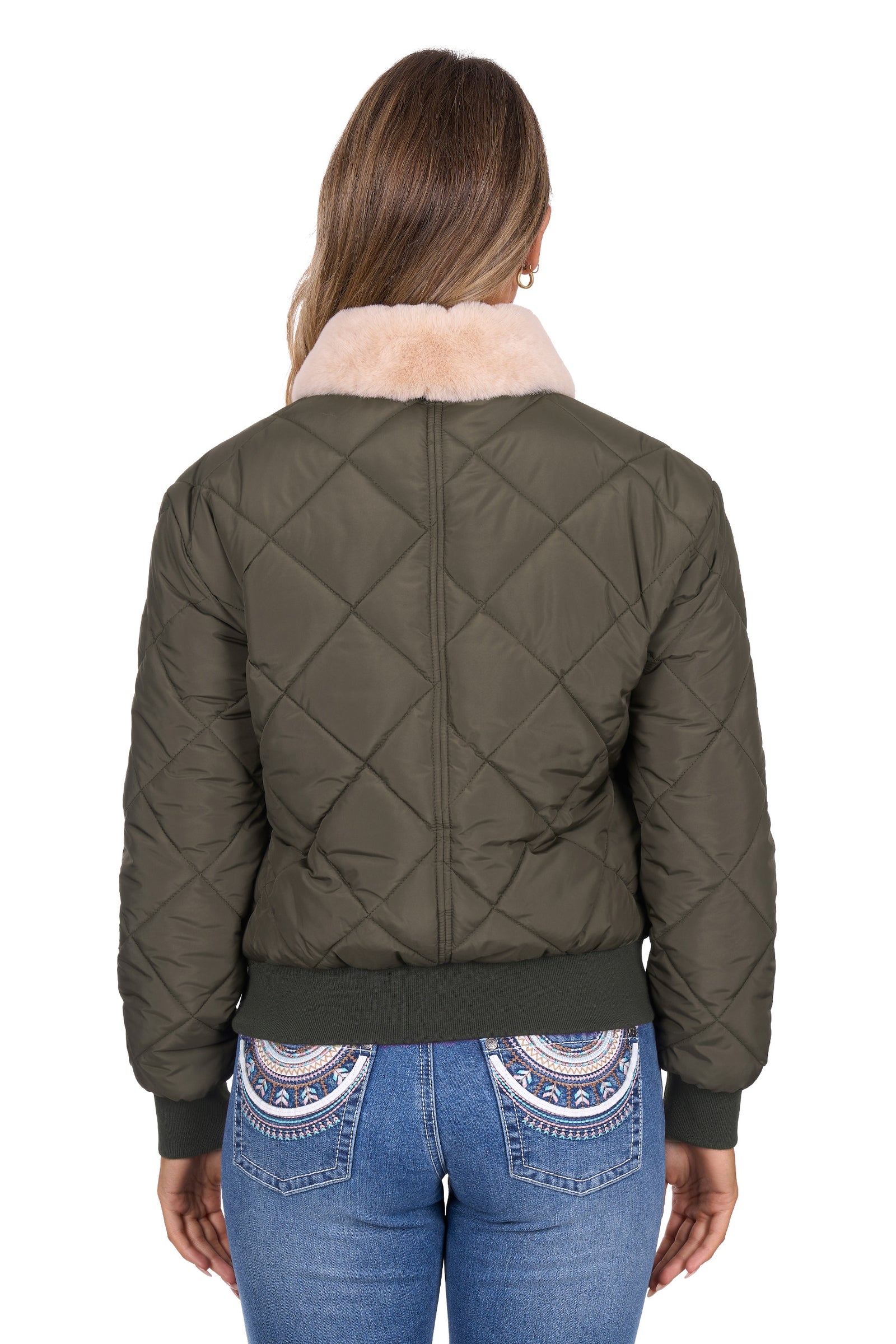 Person wearing a quilted green jacket with a fur-lined collar on a white background