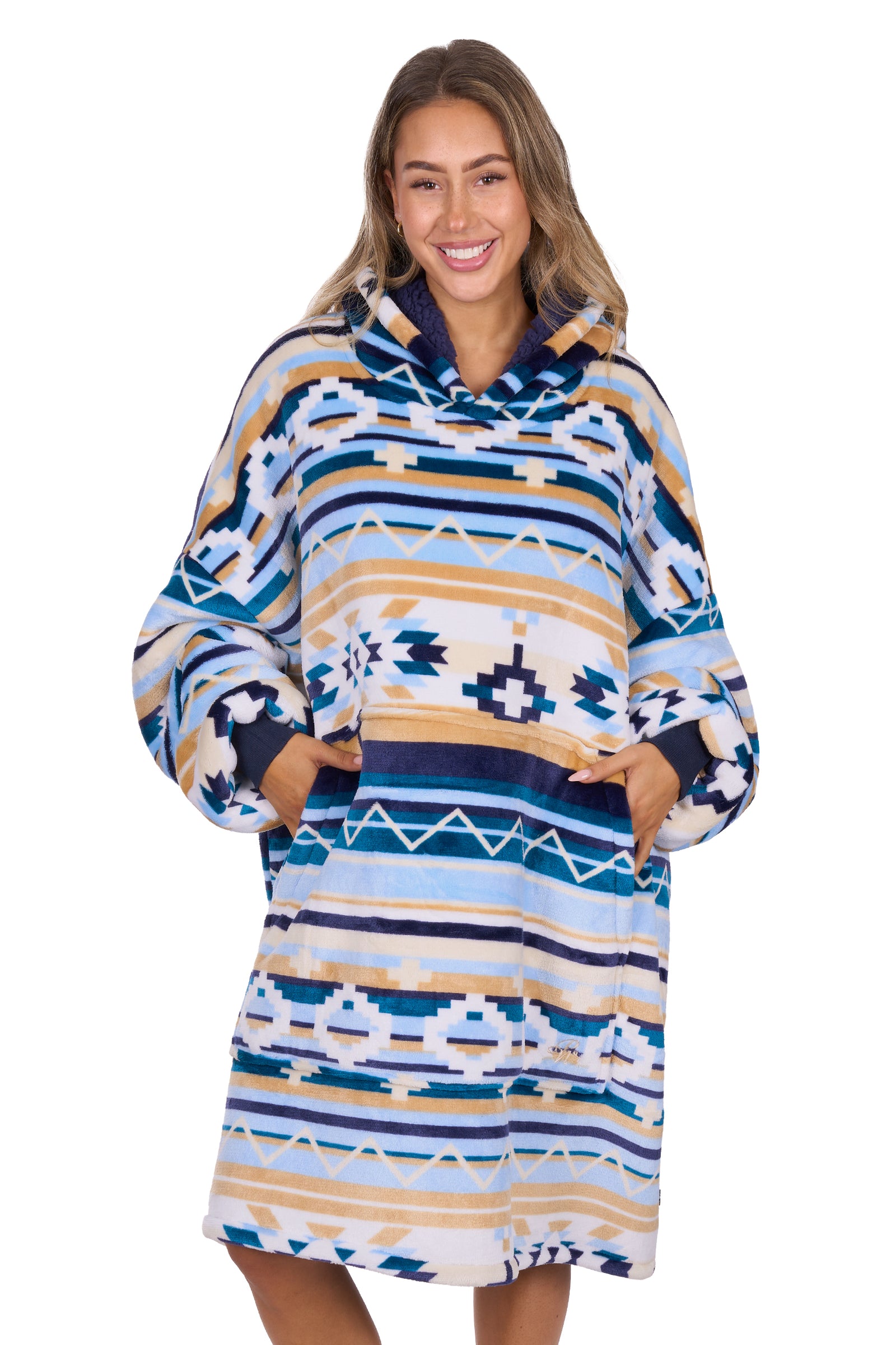 Woman wearing a patterned hoodie dress on a white background