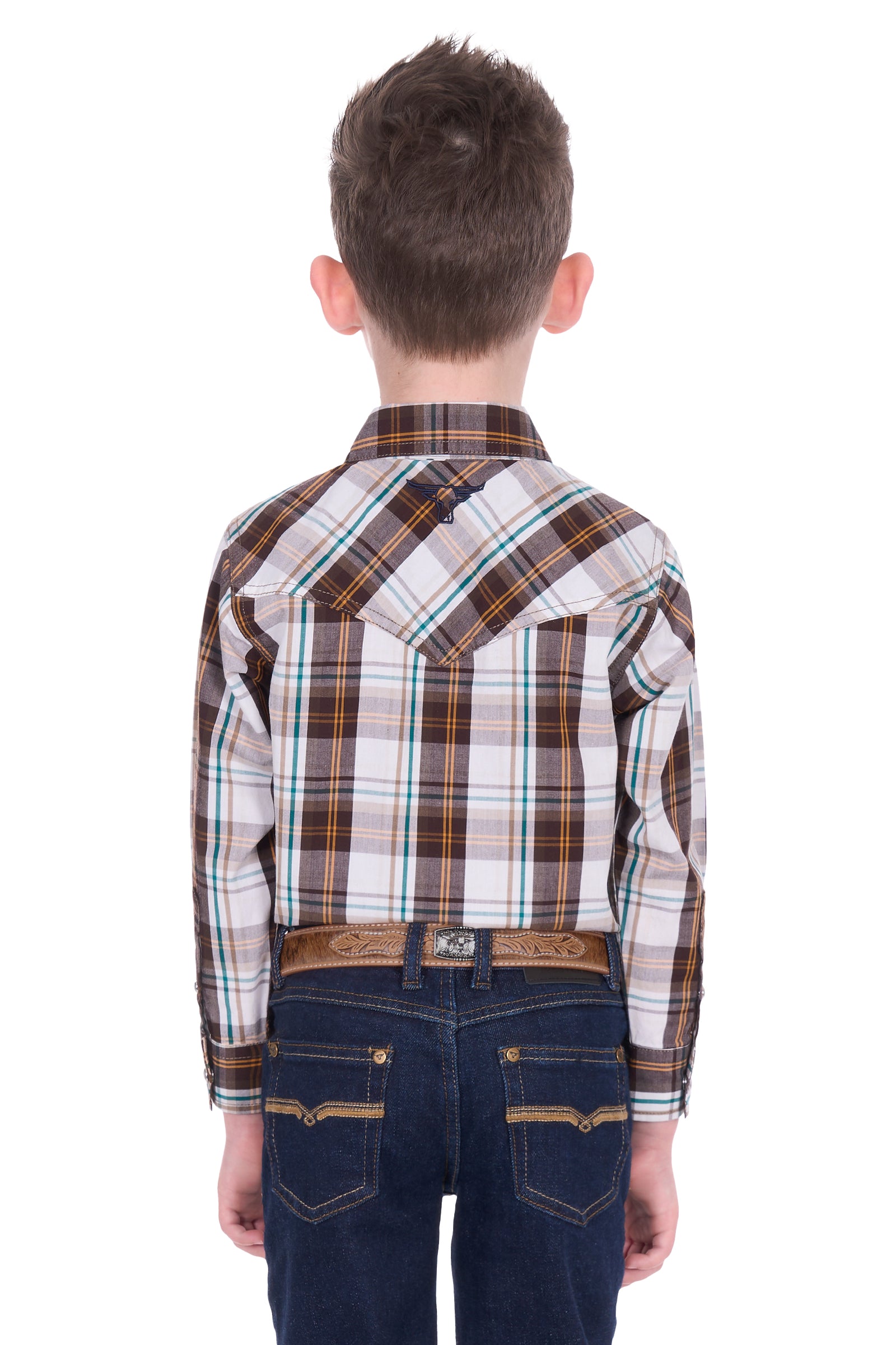 Child wearing a plaid shirt and jeans on a white background
