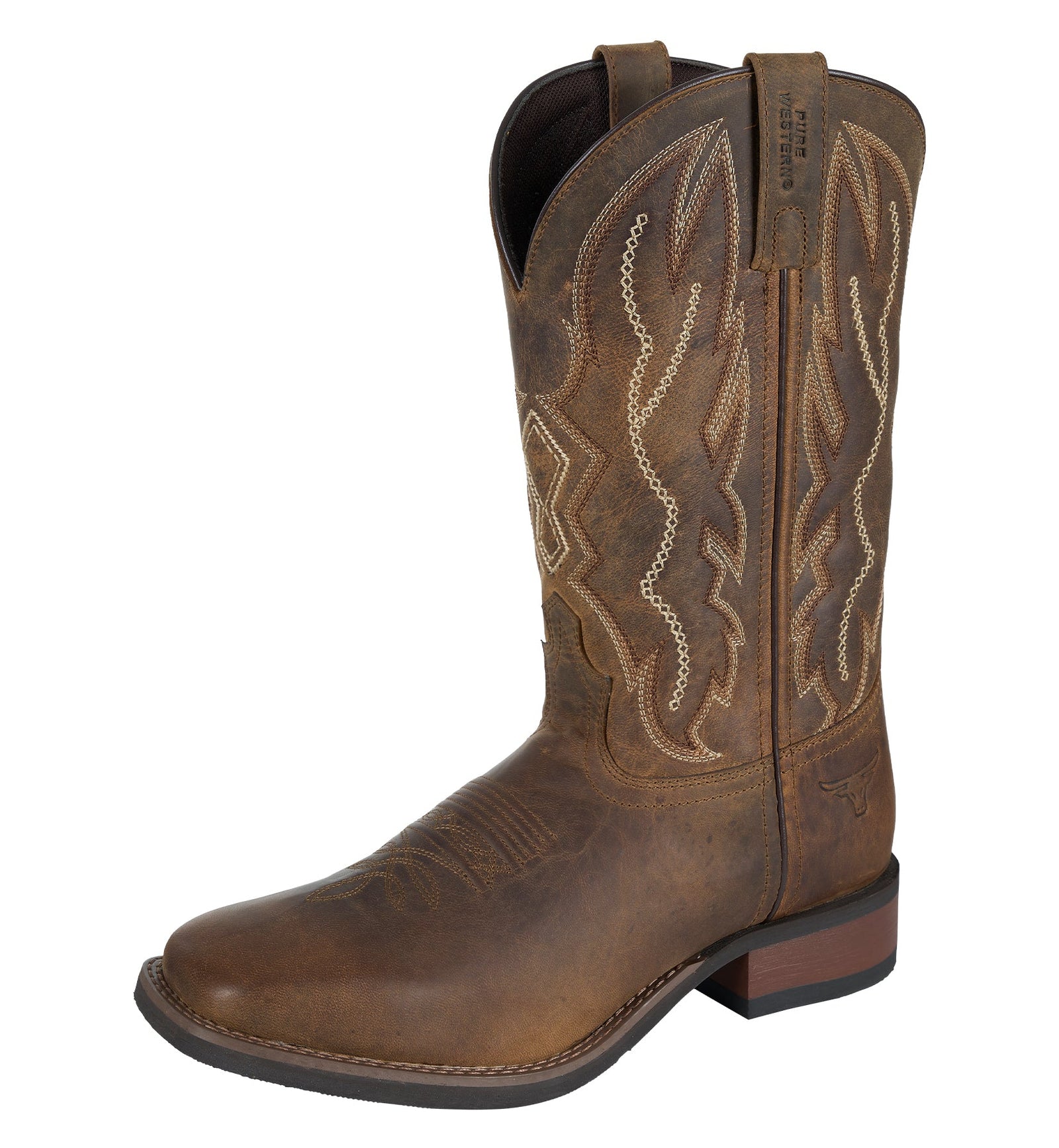 Brown cowboy boot with intricate stitching on a white background