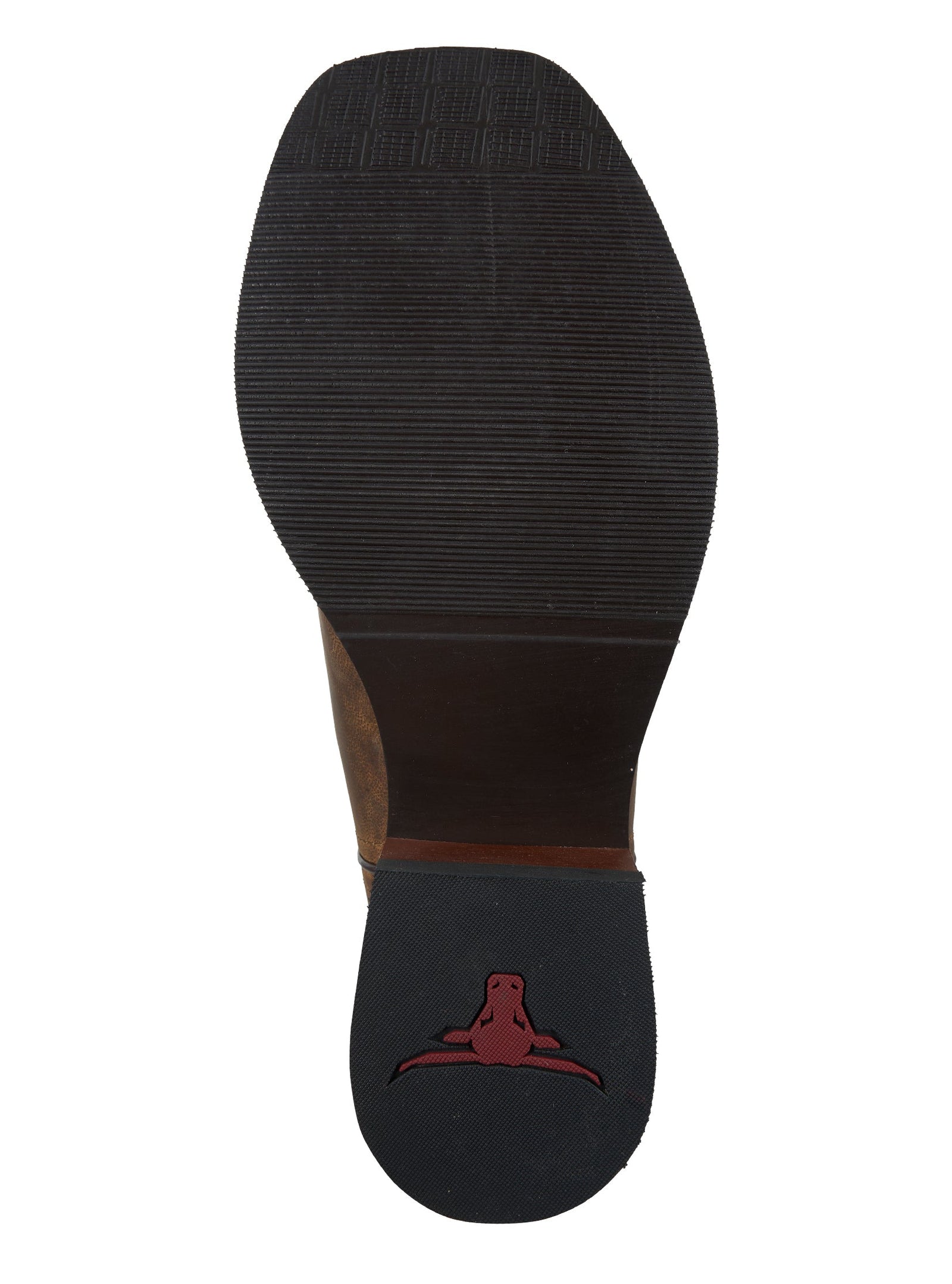 Black shoe sole with a red logo on a white background