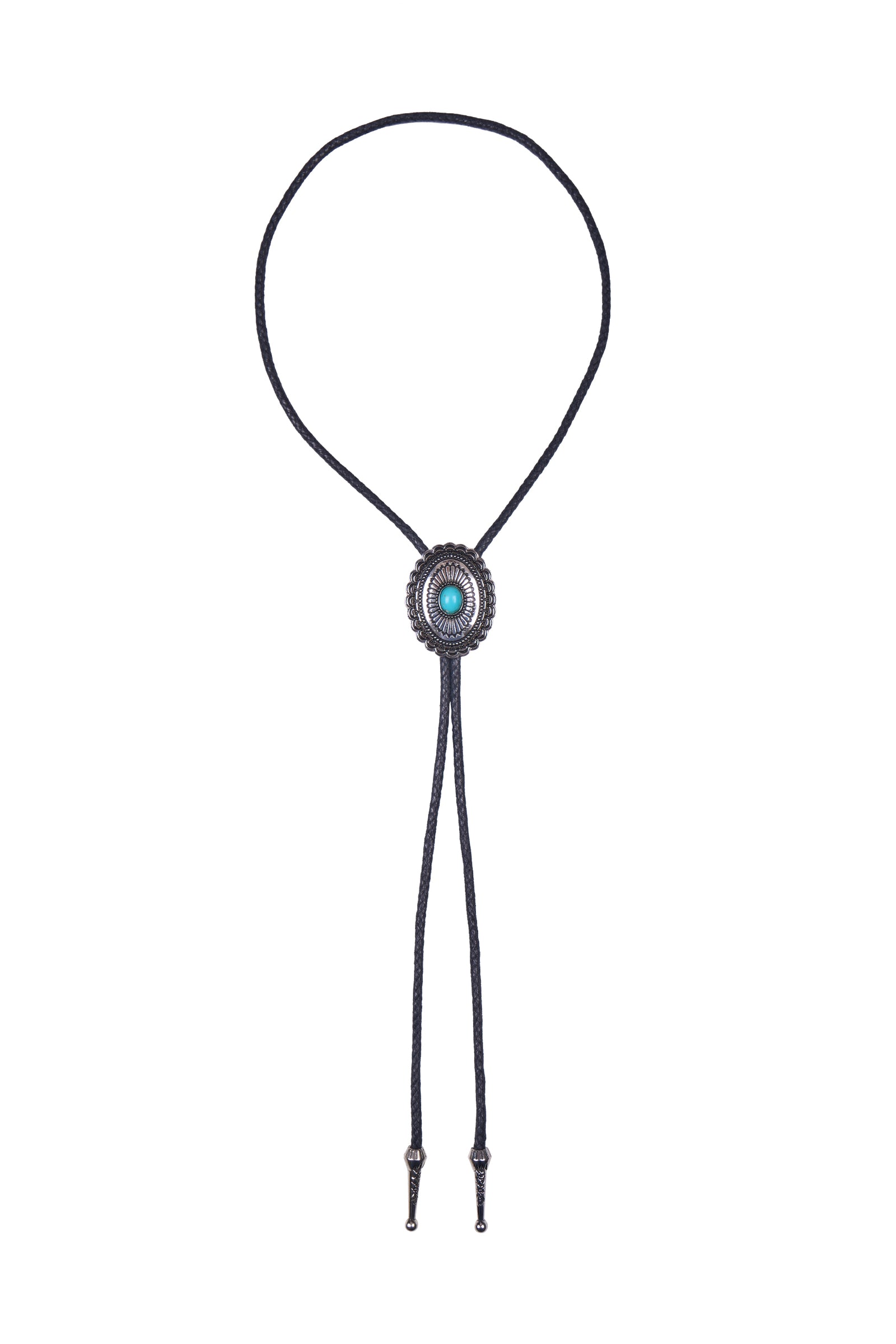 A black rope bolo tie with a silver-toned oval bezel set with a turquoise blue stone, shown against a plain white background.
