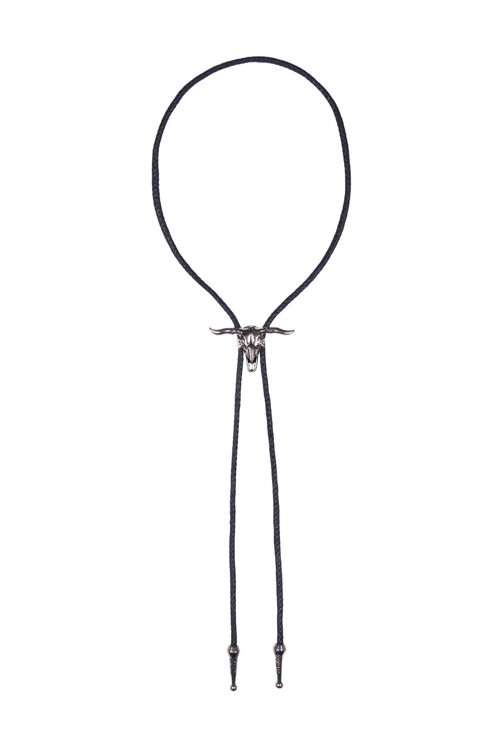 A black rope bolo tie featuring a silver-toned bull skull centerpiece and matching silver-toned toggle tips, shown against a plain white background.