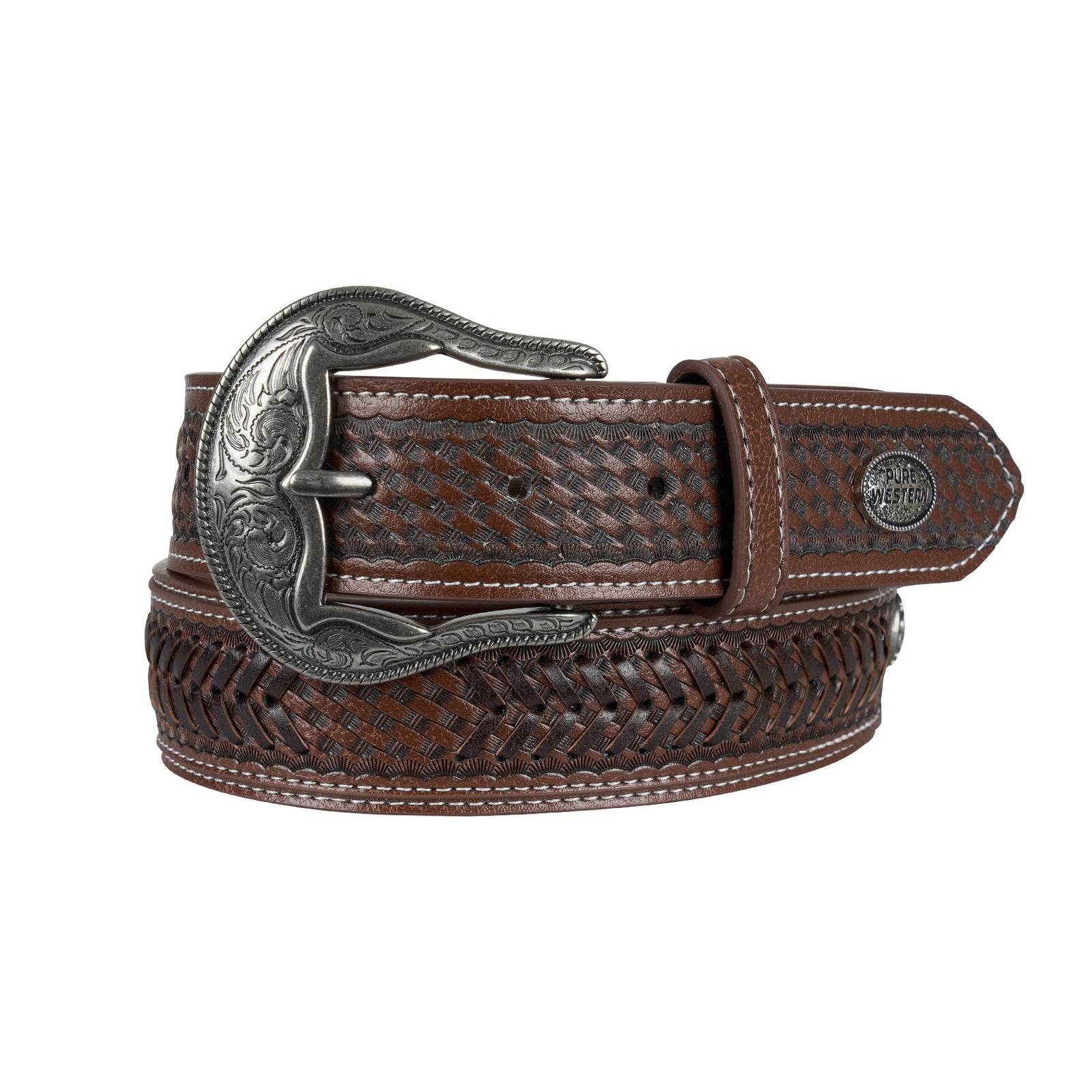 Brown leather belt with braided design and decorative buckle on a white background