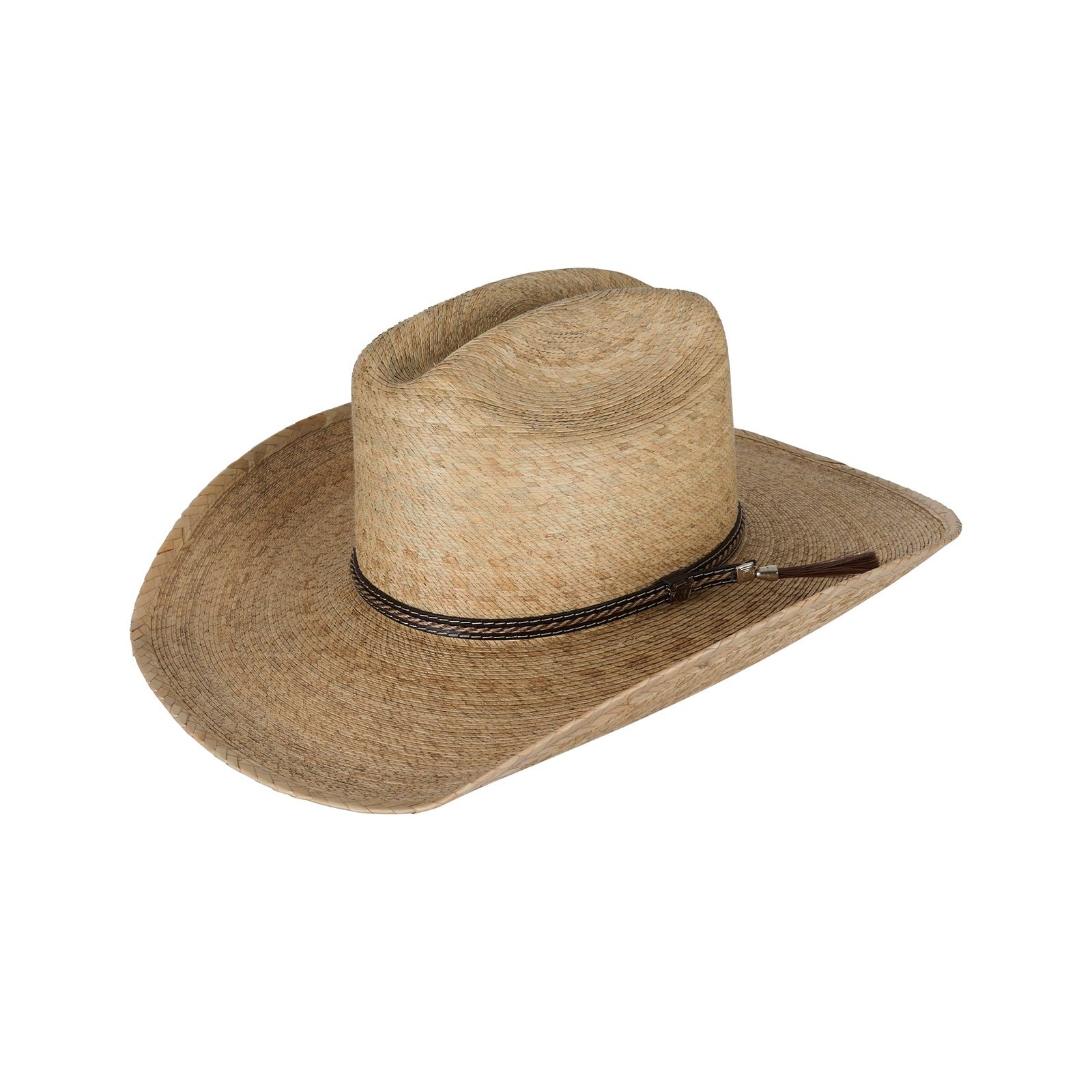 Brown cowboy hat with a black band on a white background