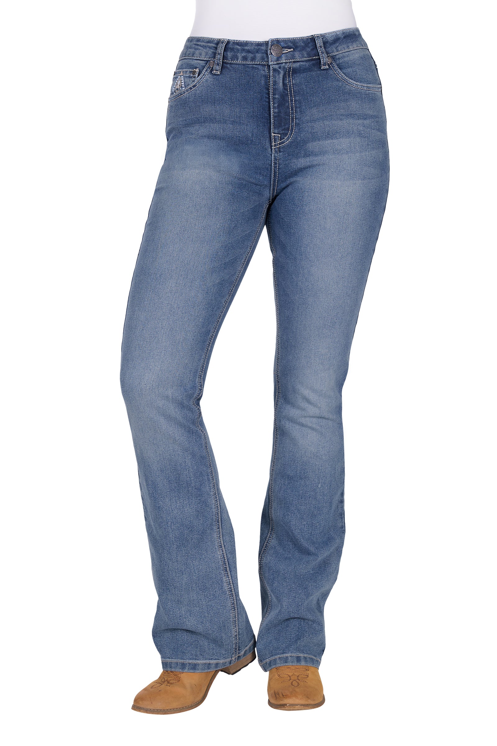 Pure Western Women's Pam High Rise Boot Cut Jean. Blue jeans worn by a person on a white background