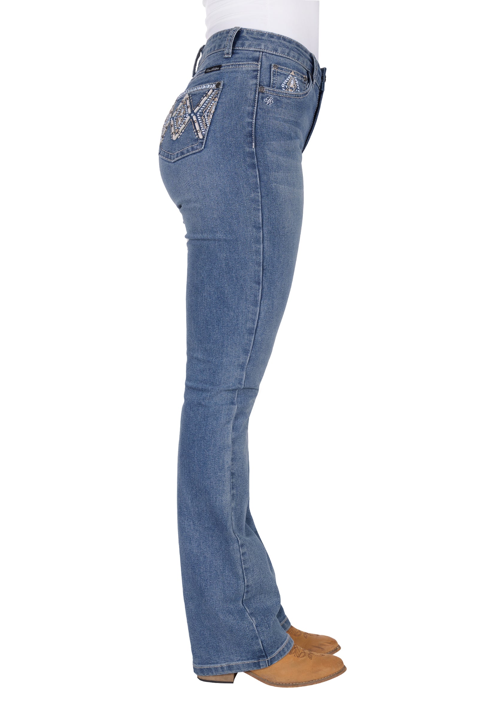 Pure Western Women's Pam High Rise Boot Cut Jean. Blue jeans with decorative stitching on a white background