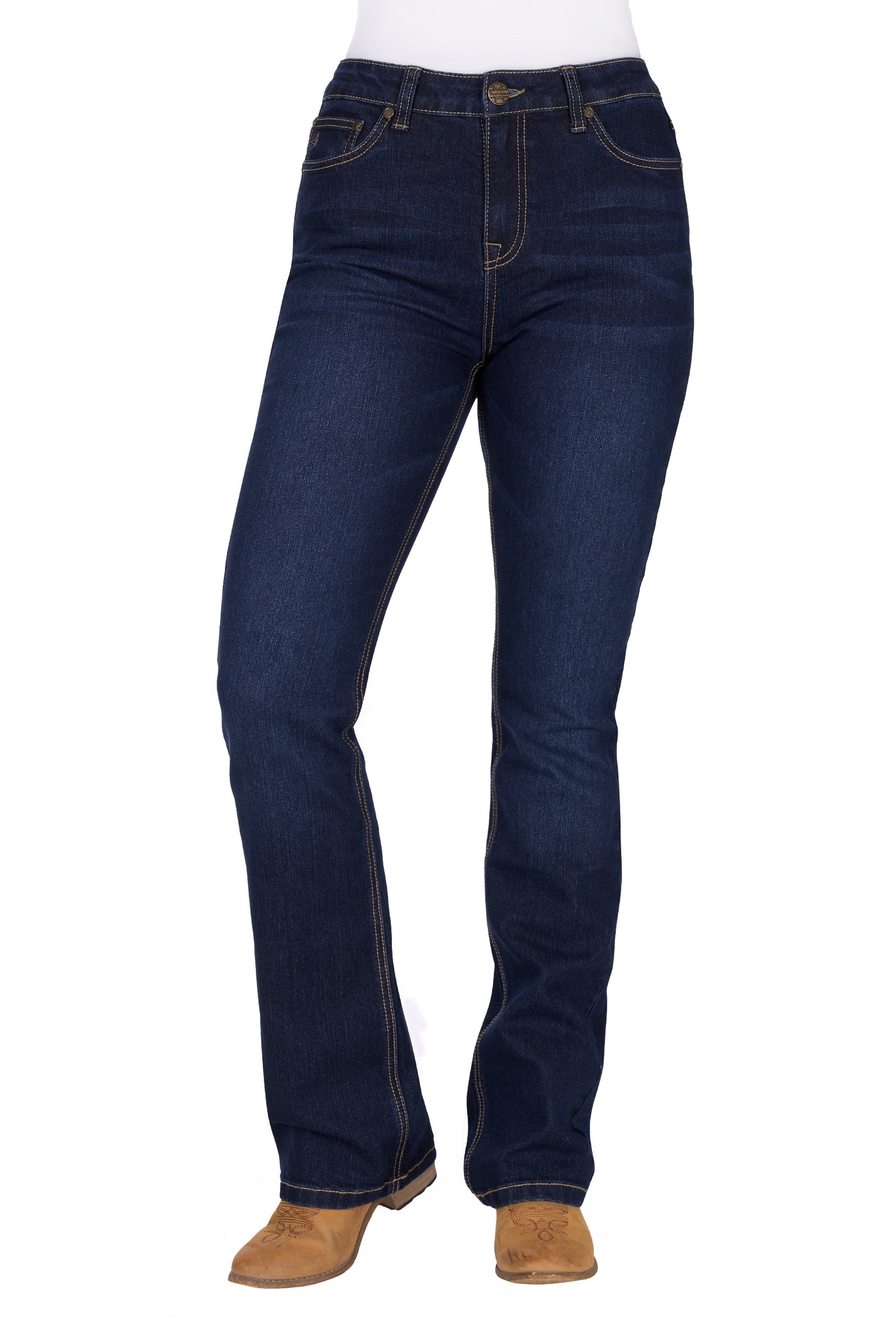 Pure Western Women's Ida High Rise Boot Cut Jean. Dark blue jeans worn by a person on a white background