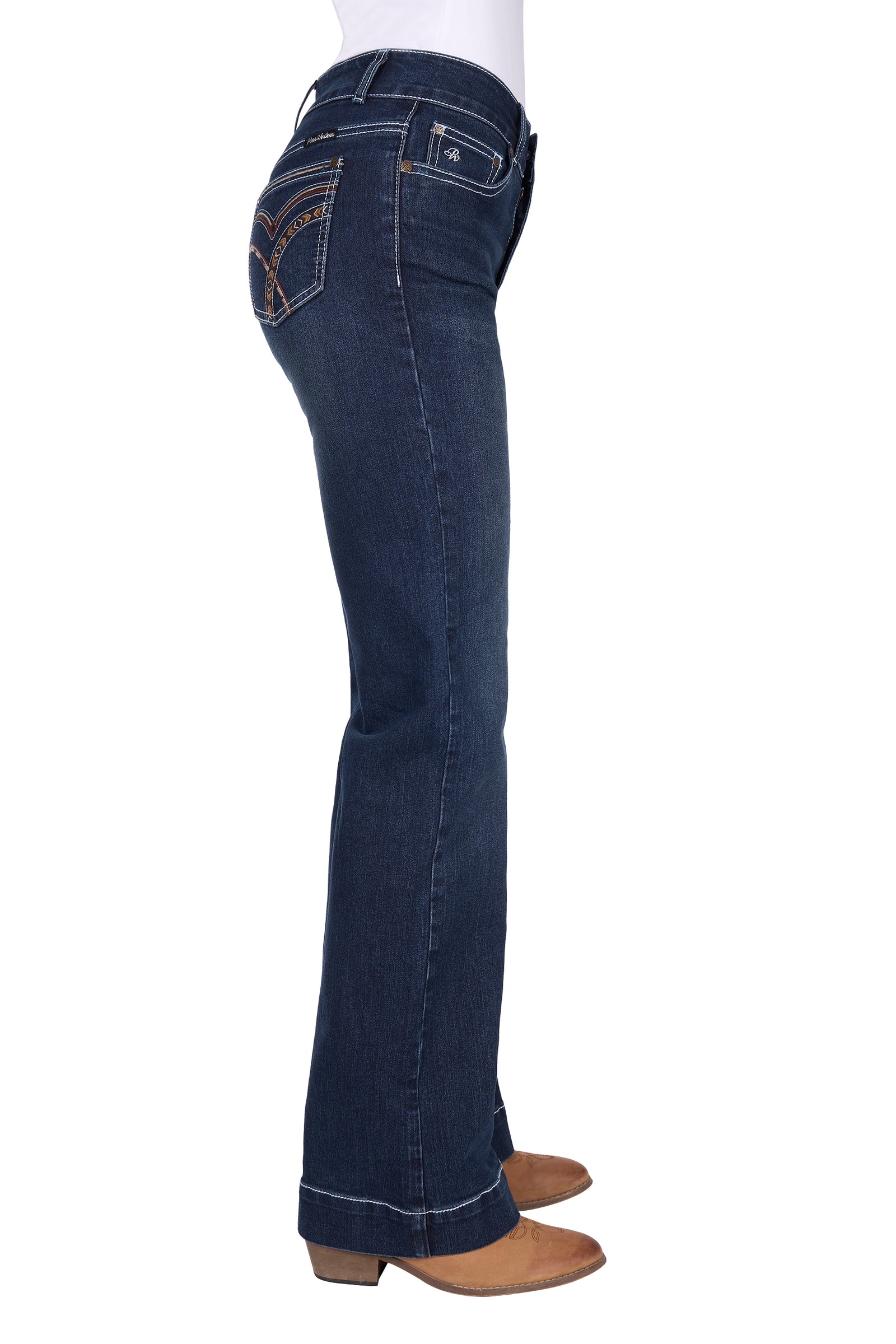 Blue jeans worn by a person on a white background